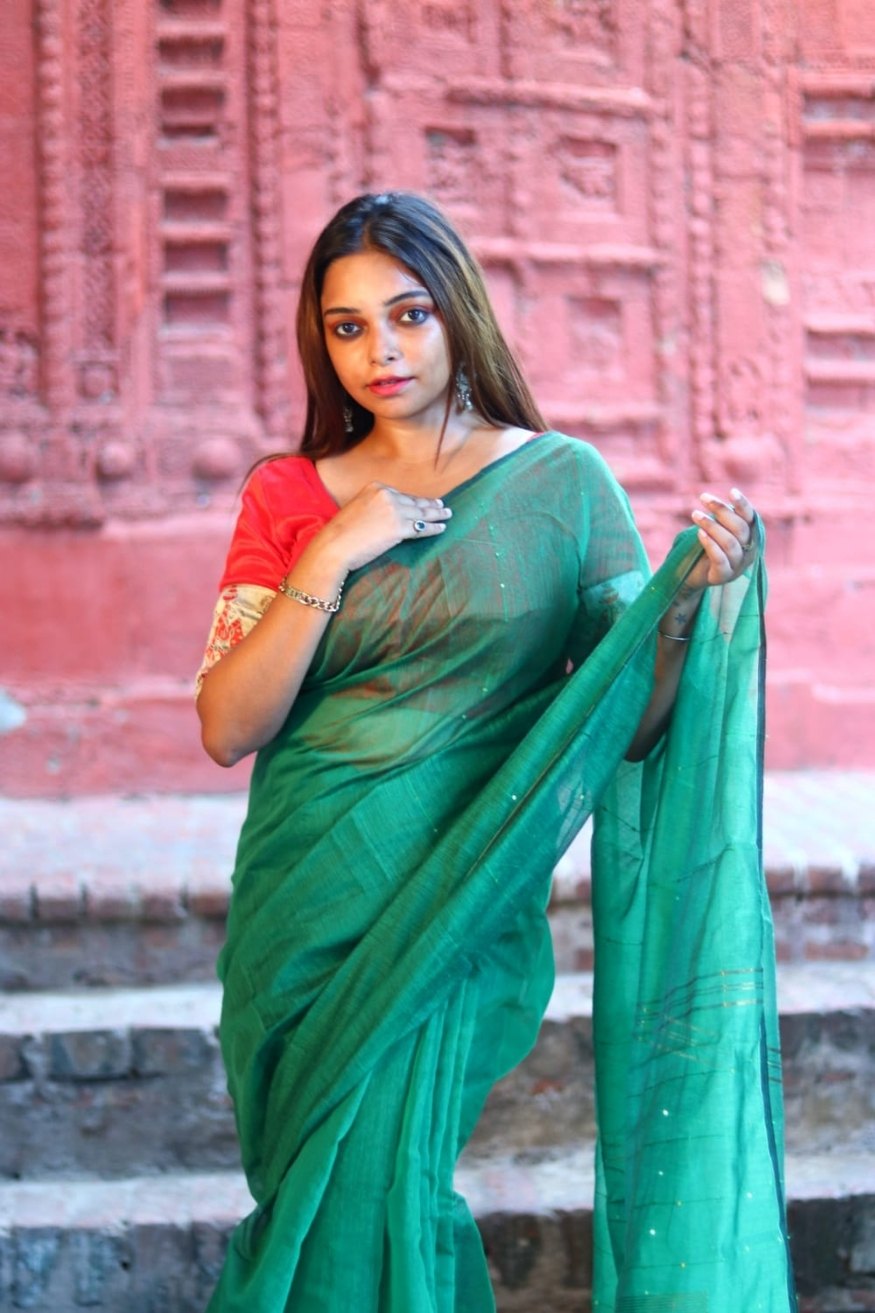 Buy MySilkLove Emerald Green Cotton Sequence Chumki Saree Online