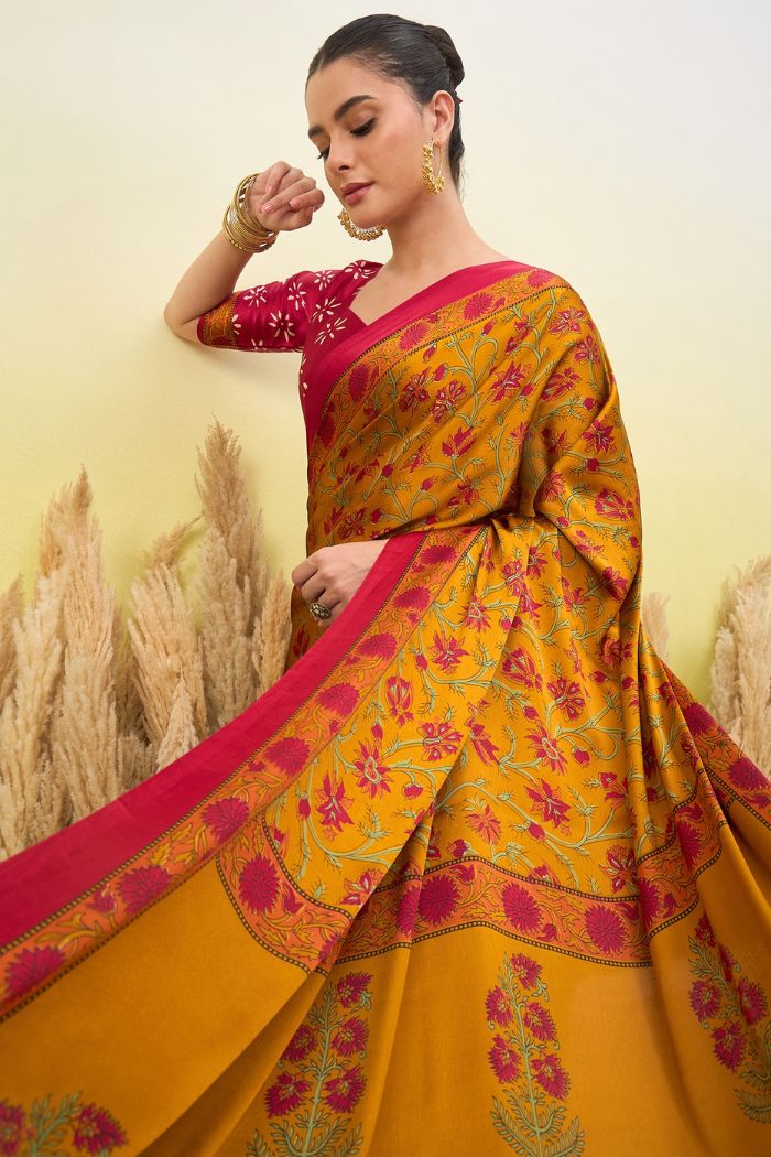 Buy MySilkLove Imperial Yellow Modal Satin Printed Silk Saree Online