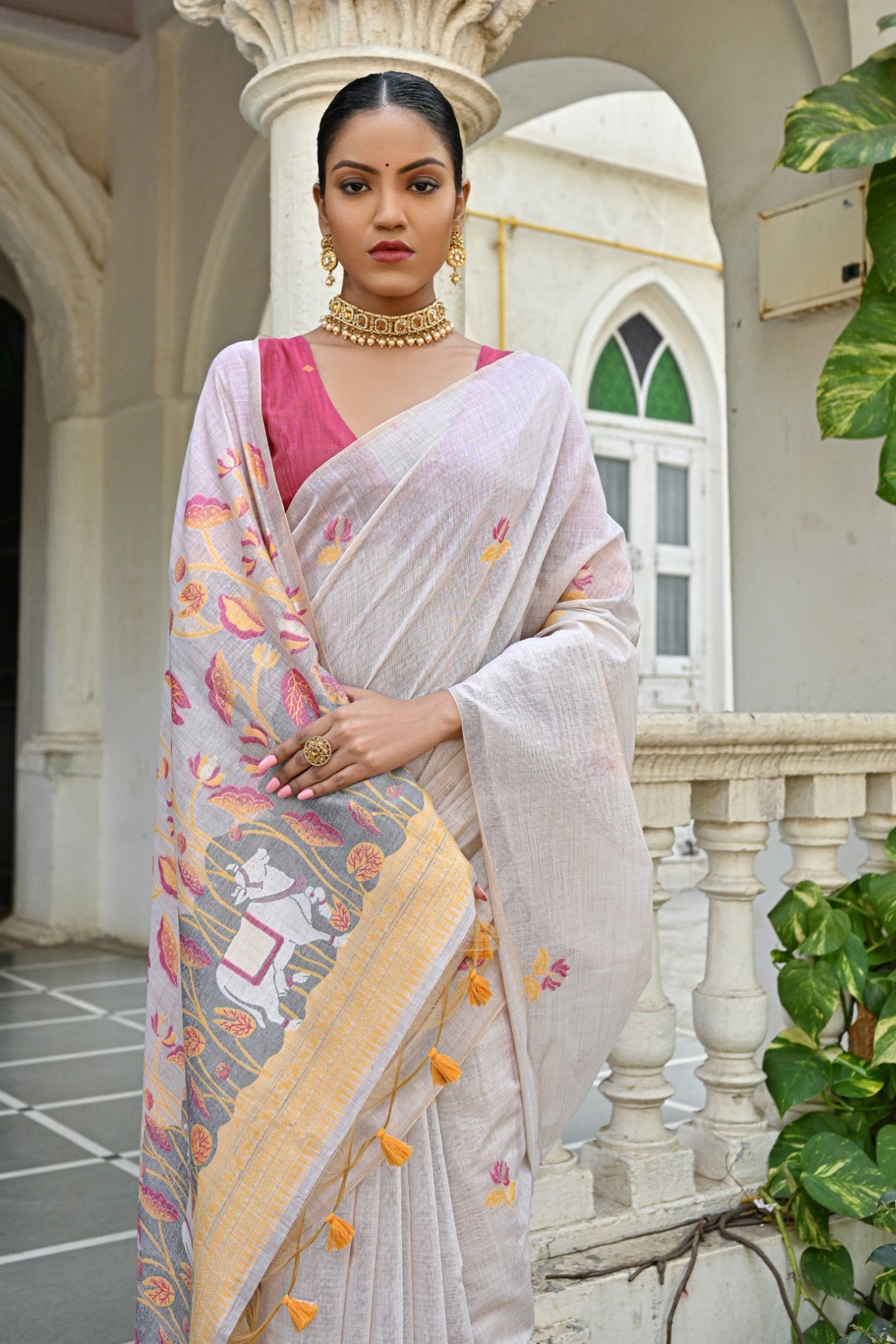 Buy MySilkLove Romance White and Pink Muga Cotton Saree Online