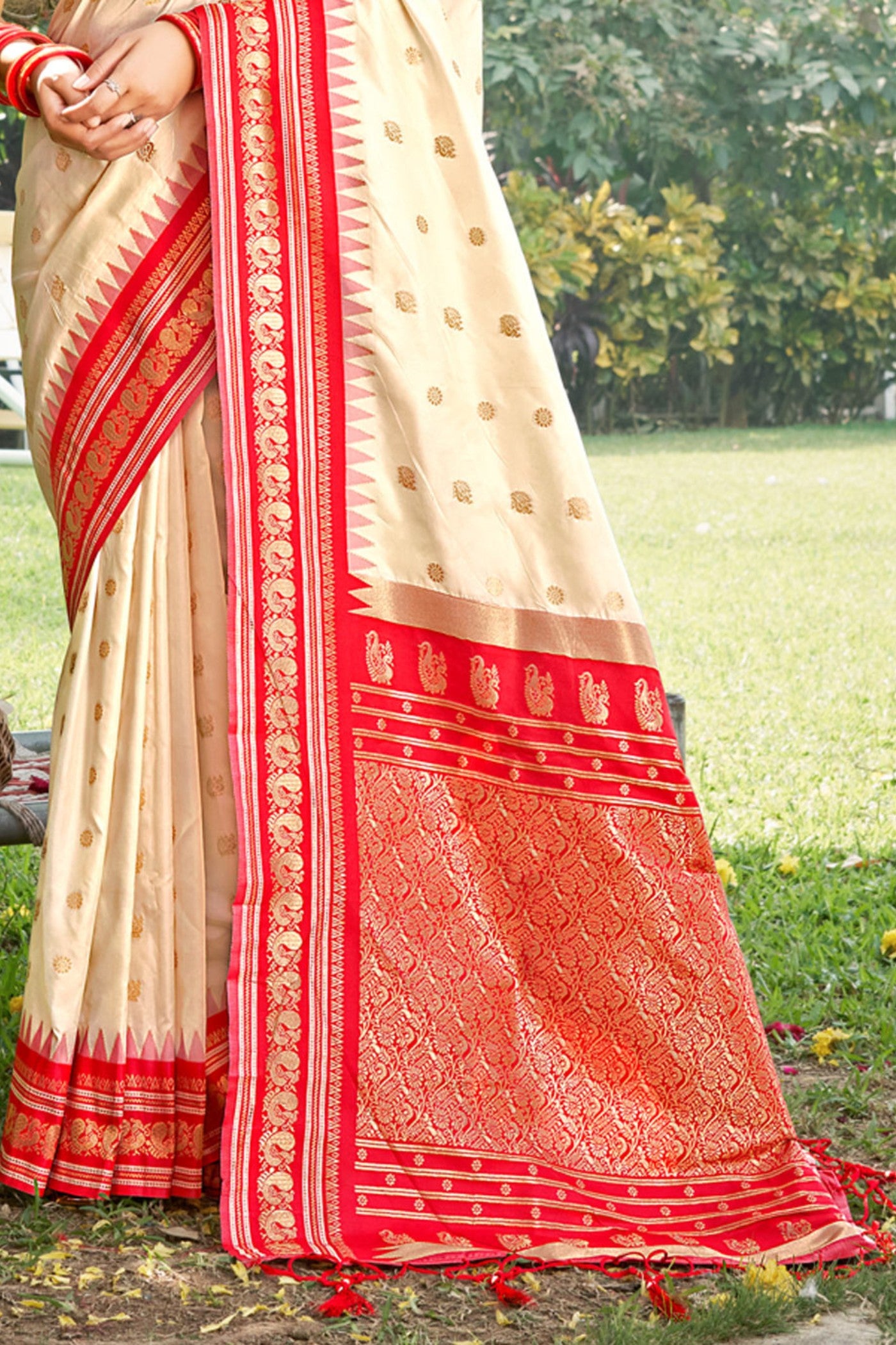 Buy MySilkLove Seashell White Banarasi Woven Soft Silk Saree Online