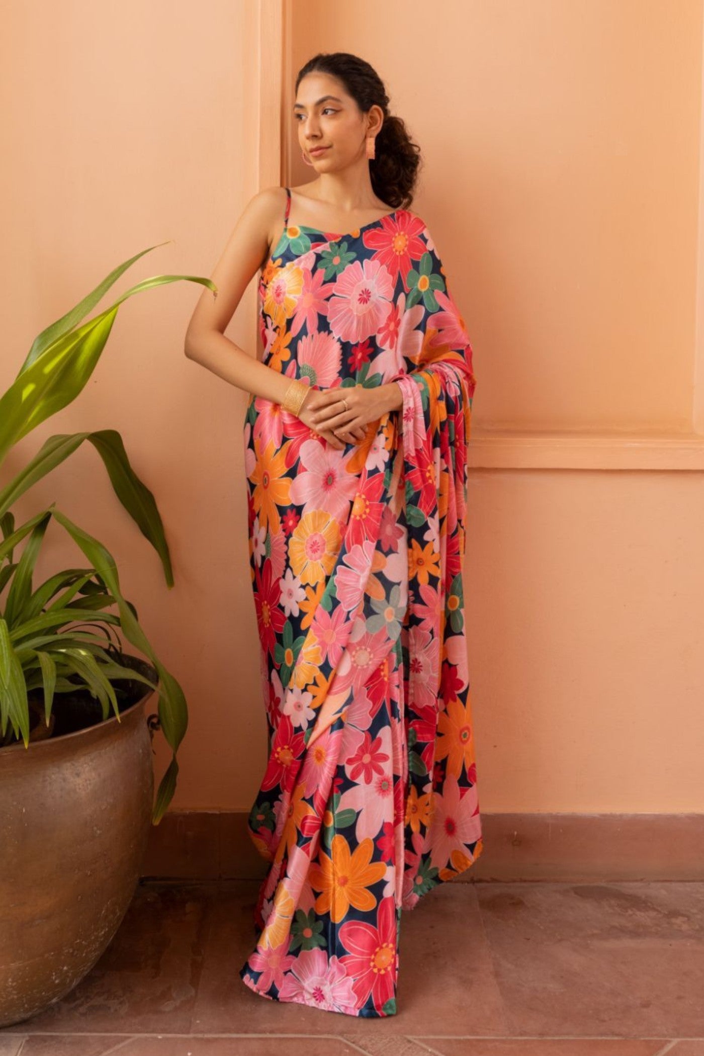 Buy MySilkLove Strawberry Pink Floral Printed Satin Silk Saree Online