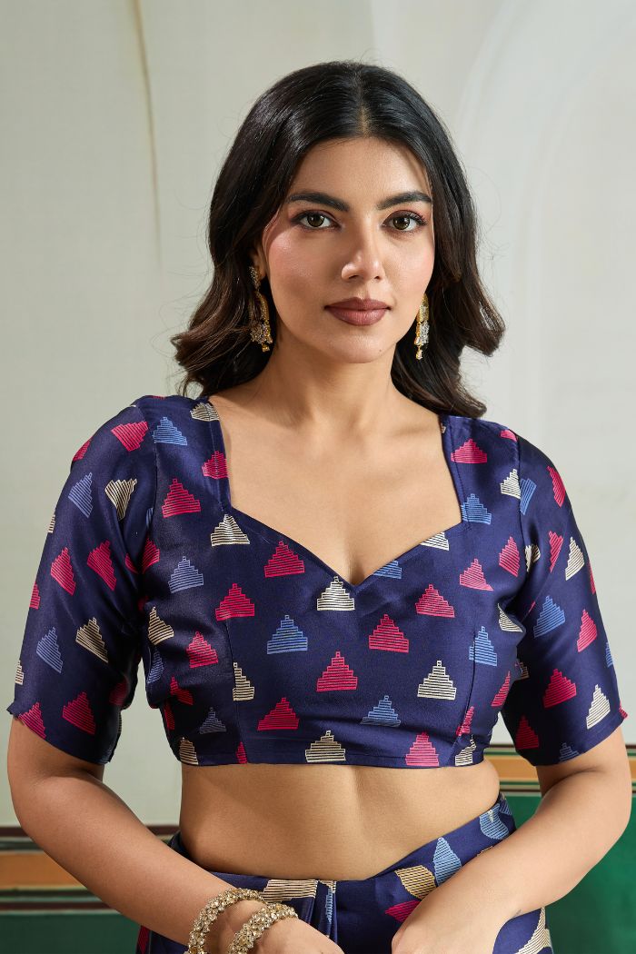 Buy MySilkLove Navy Blue Modal Ajrakh Printed Satin Silk Saree Online