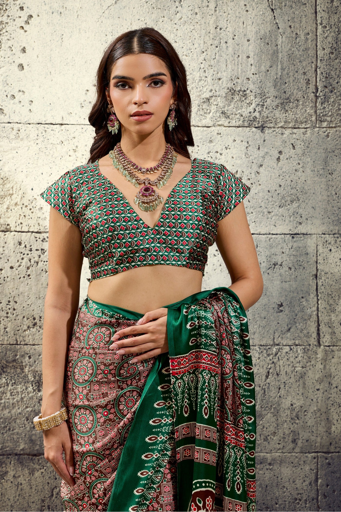 Buy MySilkLove Rust Brown and Green Modal Ajrakh Satin Printed Silk Saree Online