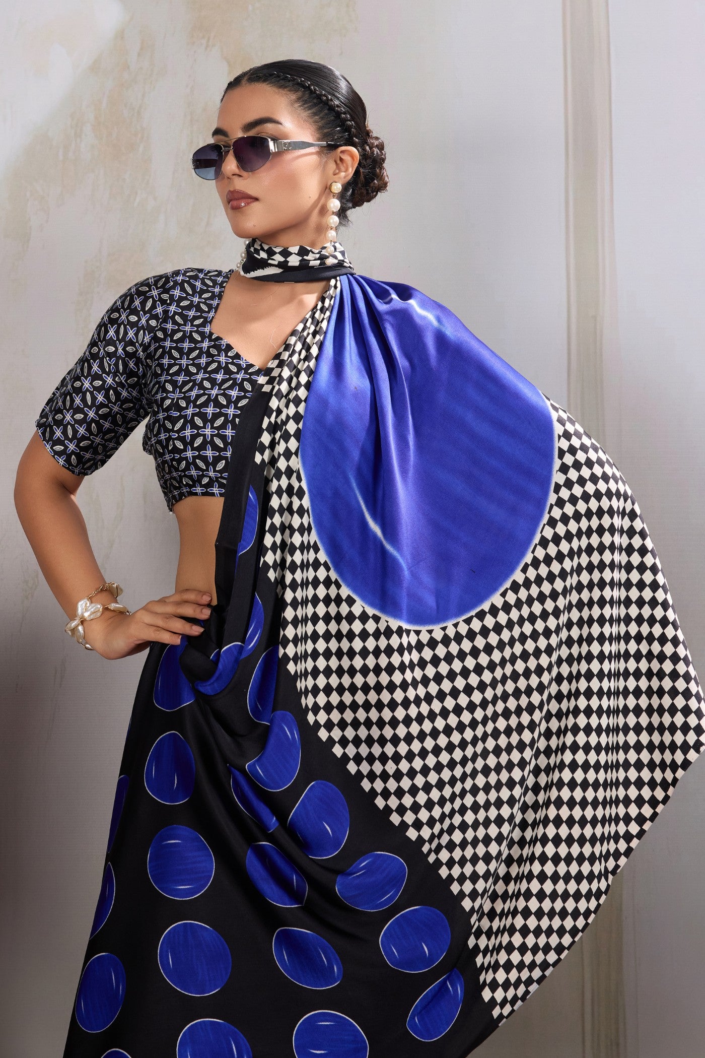 MySilkLove Electric Blue Printed Polka Dots Satin Crepe Saree