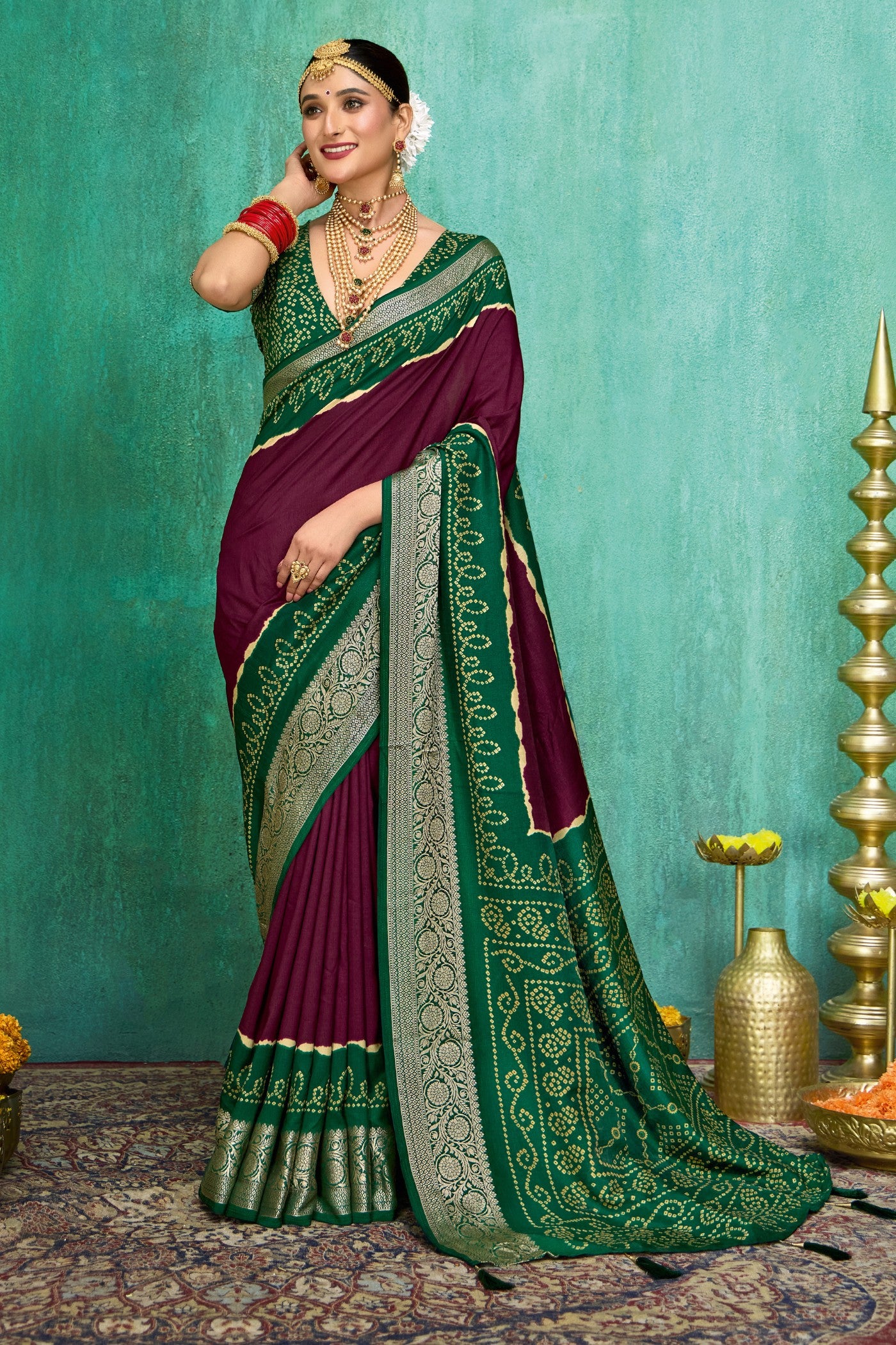 Buy MySilkLove Merlot Purple Tussar Bandhani Silk Saree Online