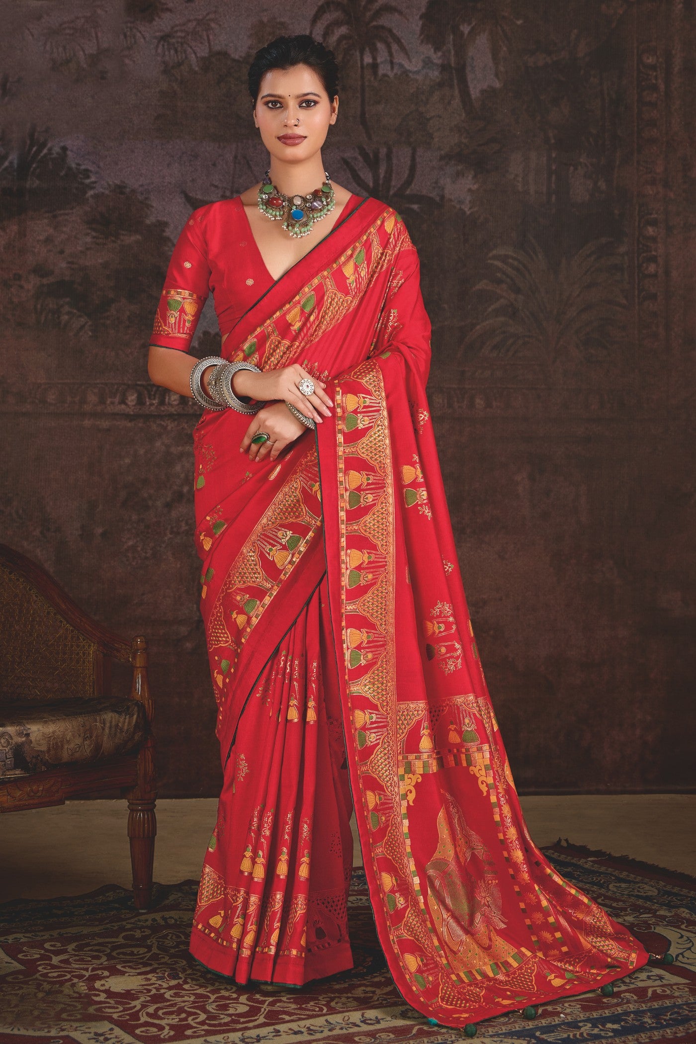 Buy MySilkLove Capsicum Red Tussar Rajwadi Printed Silk Saree Online