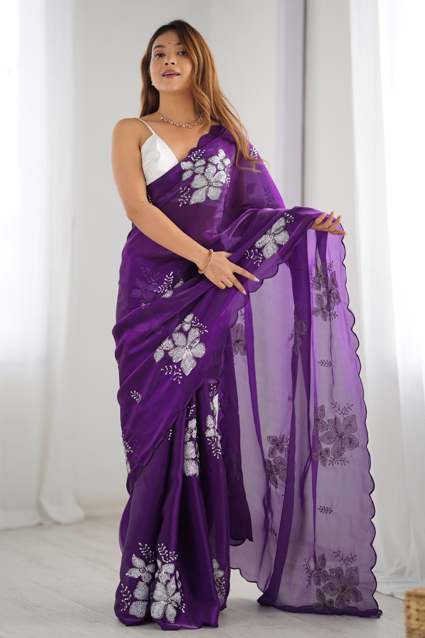 Buy MySilkLove Dew Berry Purple Floral Partywear Saree Online