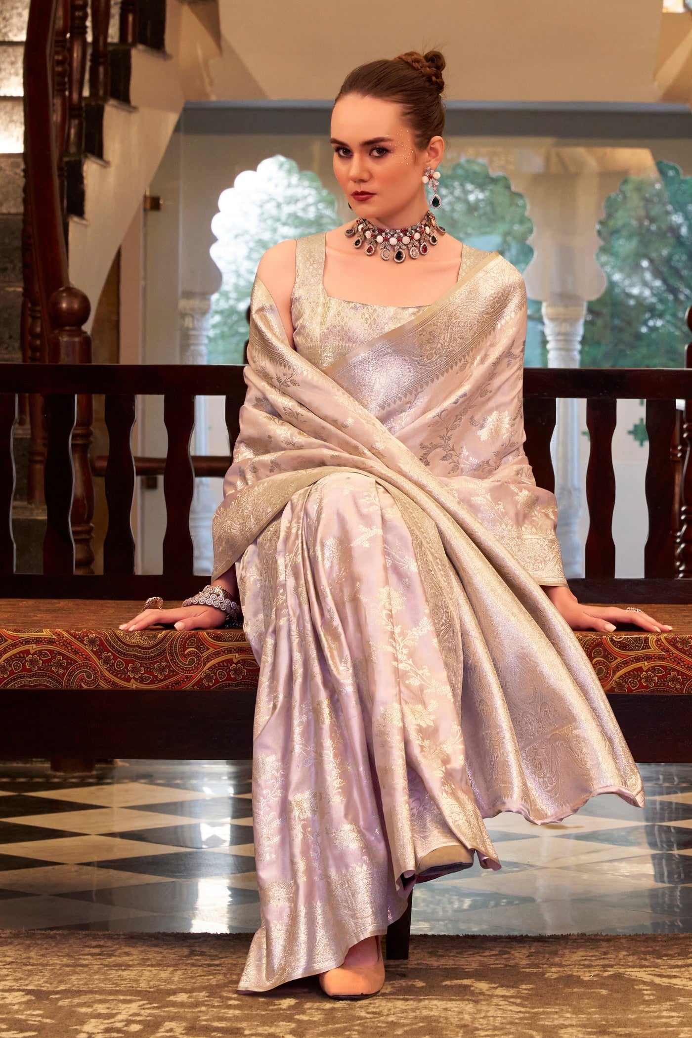 Buy MySilkLove Lilac Purple Woven Banarasi Satin Soft Silk Saree Online