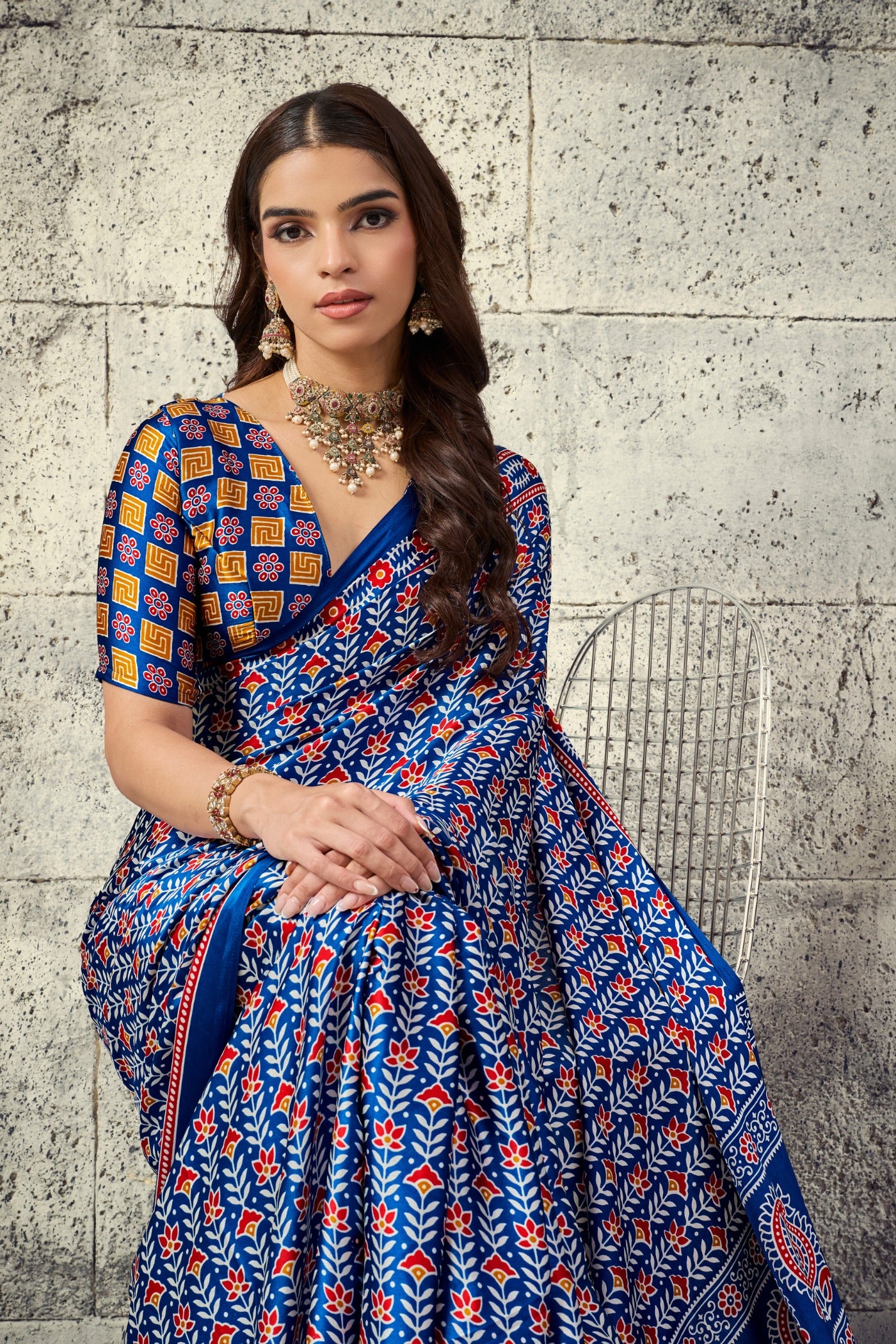 MySilkLove Electric Blue Modal Ajrakh Satin Printed Silk Saree