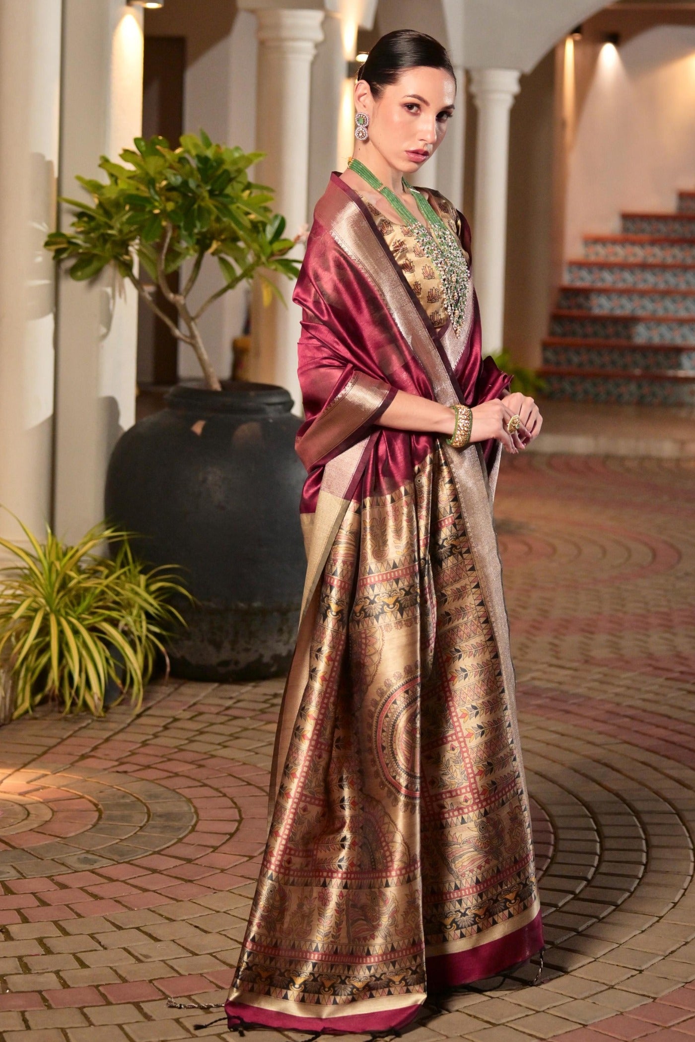 Buy MySilkLove Dark Tan Maroon Tussar Silk Saree Online