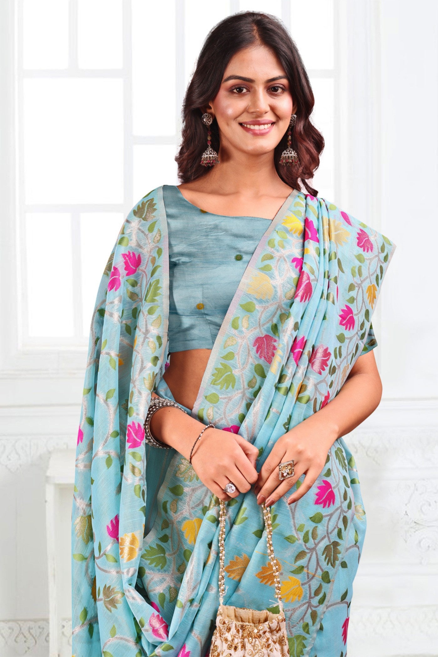 Buy MySilkLove Cloudy Blue Woven Linen Cotton Saree Online