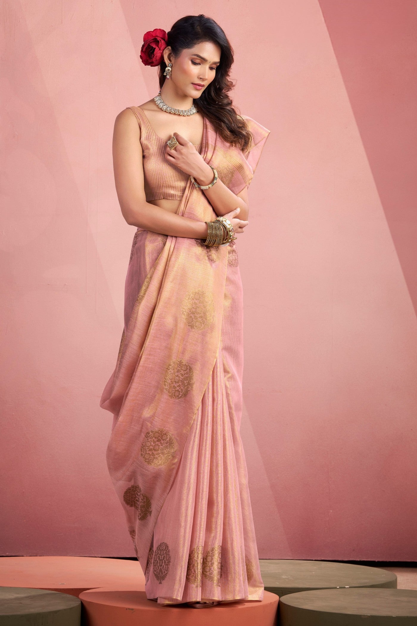 Buy MySilkLove Smoothie Pink Zari Woven Tissue Saree Online