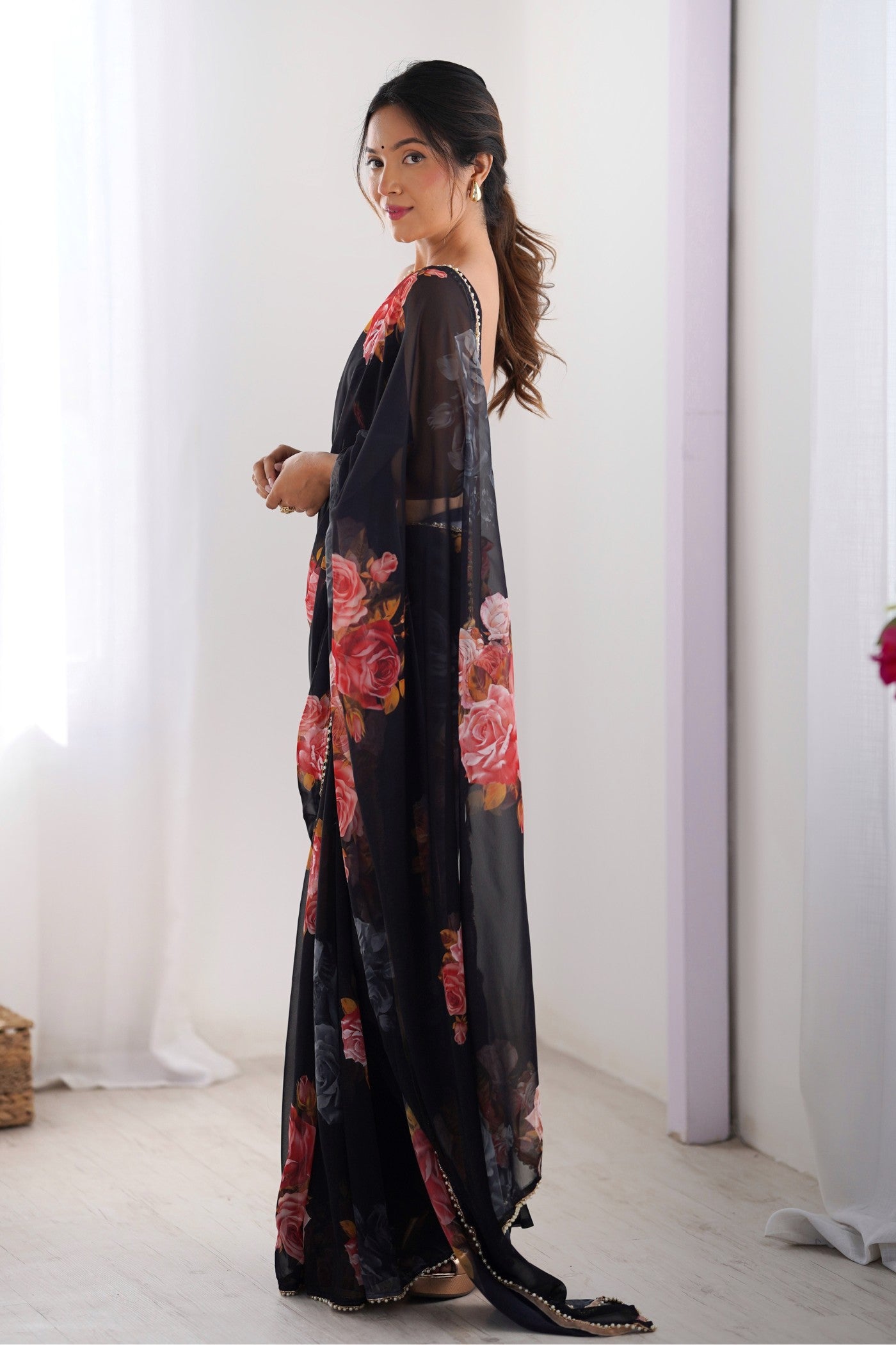 Buy MySilkLove Viola Black Printed Georgette Saree Online