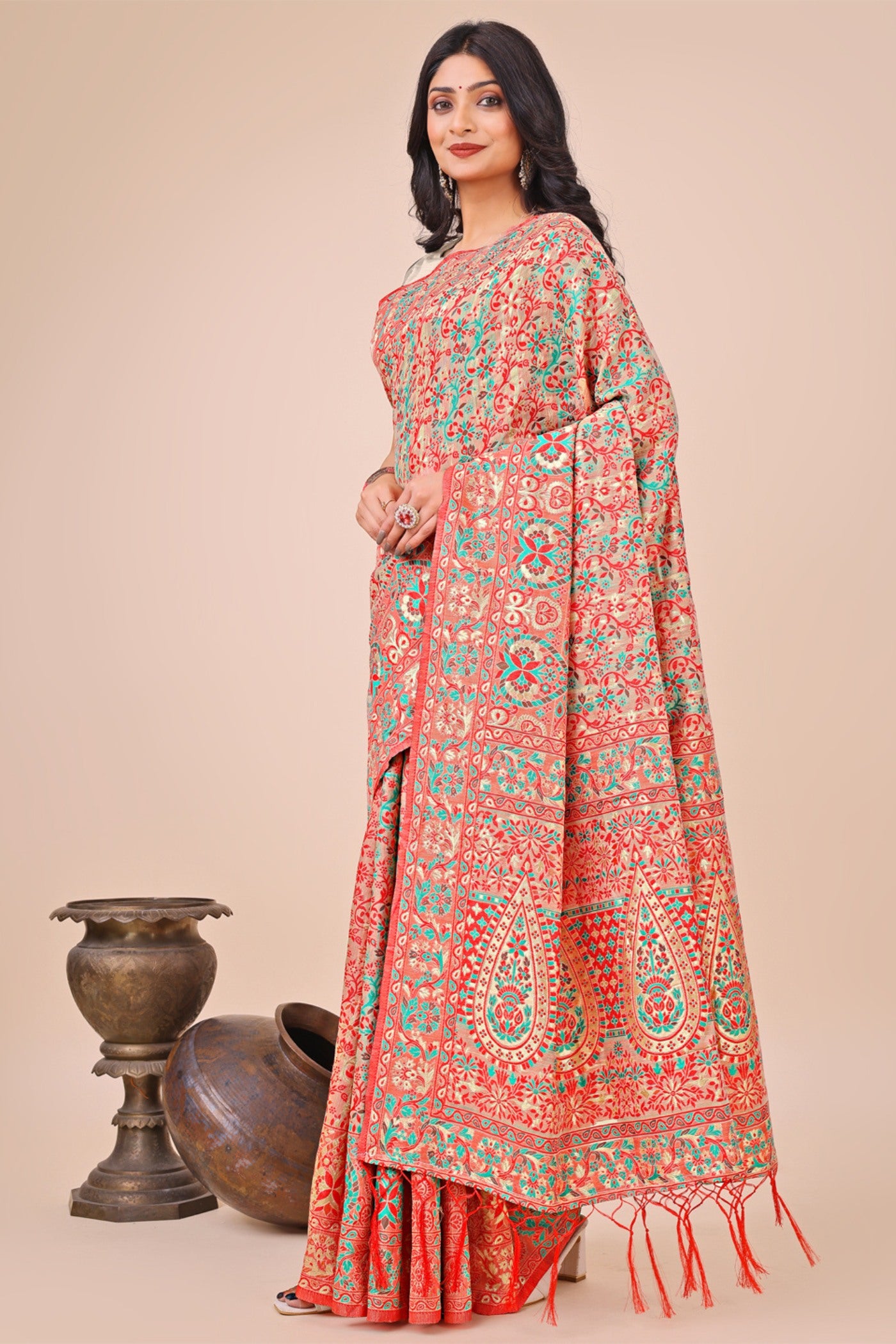 Buy MySilkLove Mandy Peach Woven Pashmina Saree Online