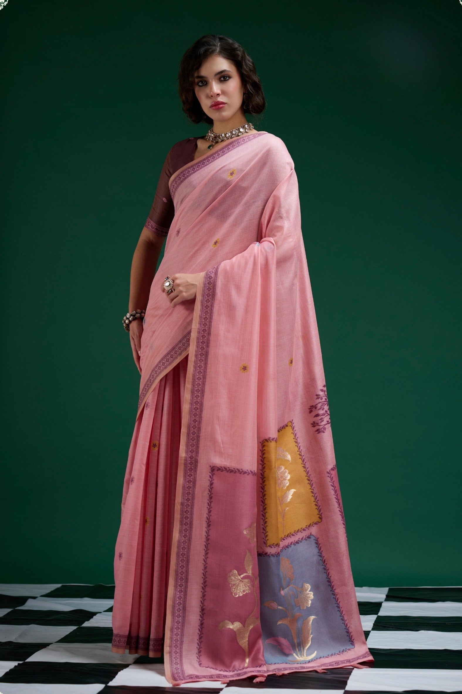 Buy MySilkLove Fervent Pink Jamdani Woven Muga Cotton Saree Online
