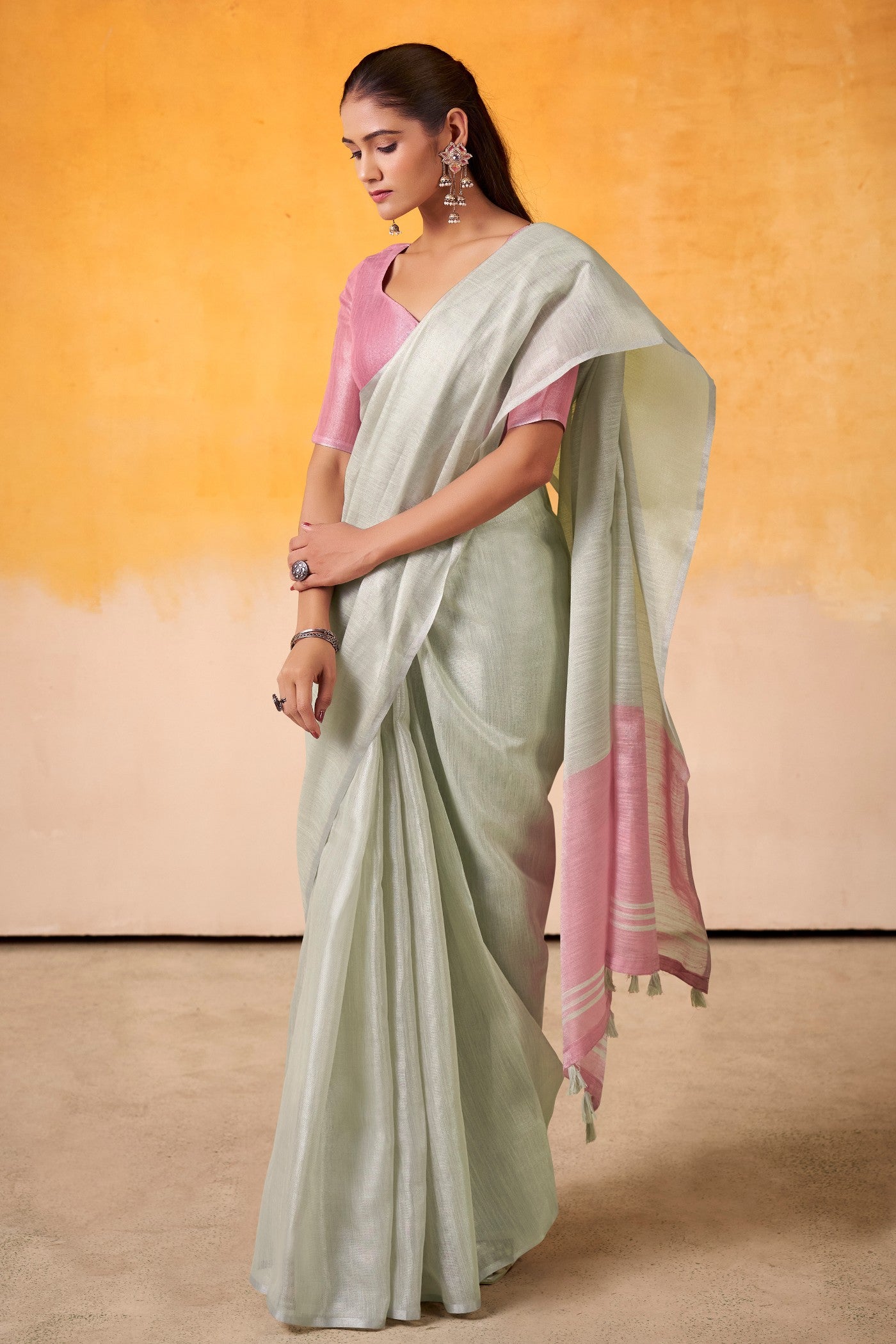 Buy MySilkLove Parchment White and Pink Woven Tissue Silk Saree Online