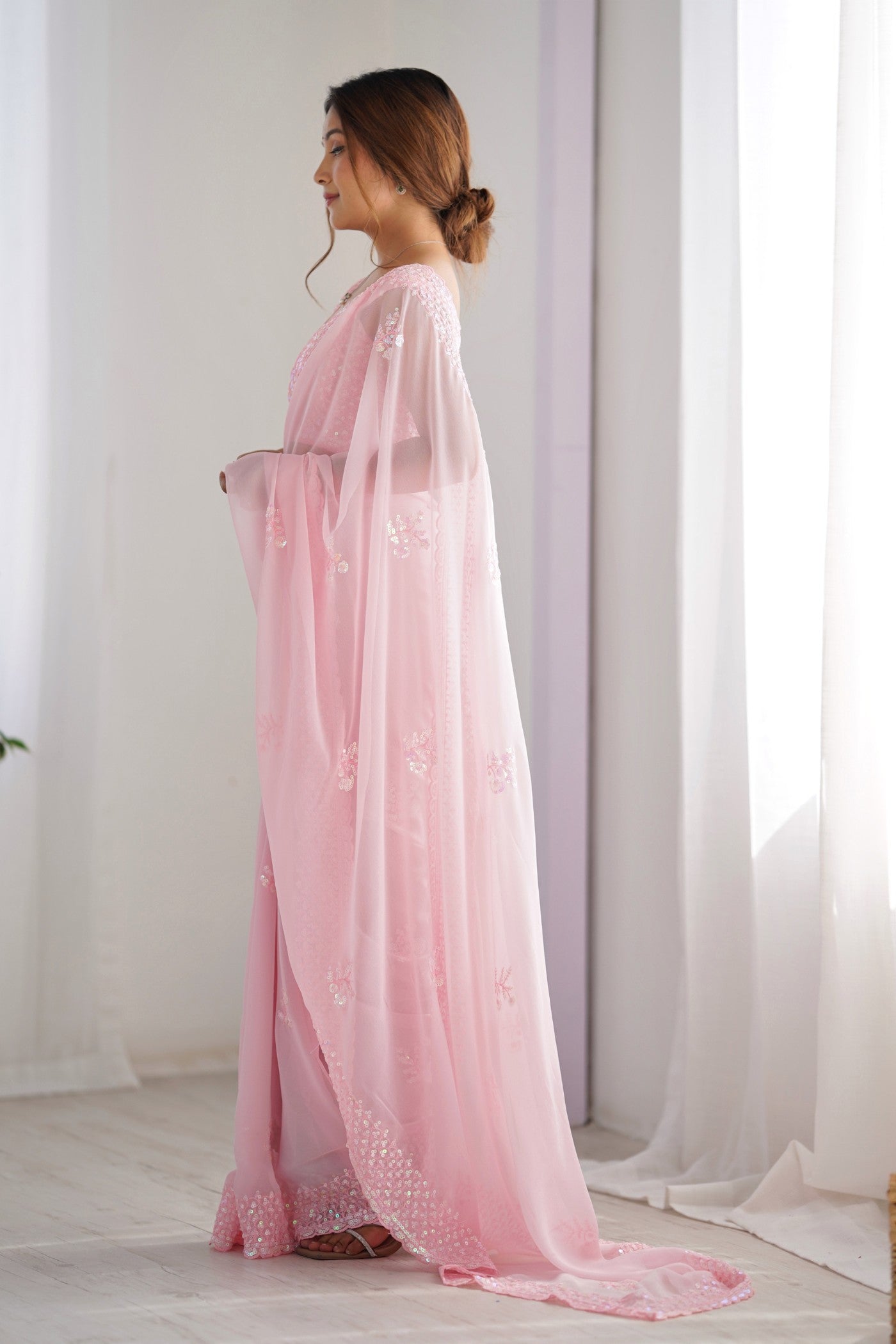 Buy MySilkLove Shimmer Pink Georgette Partywear Saree Online