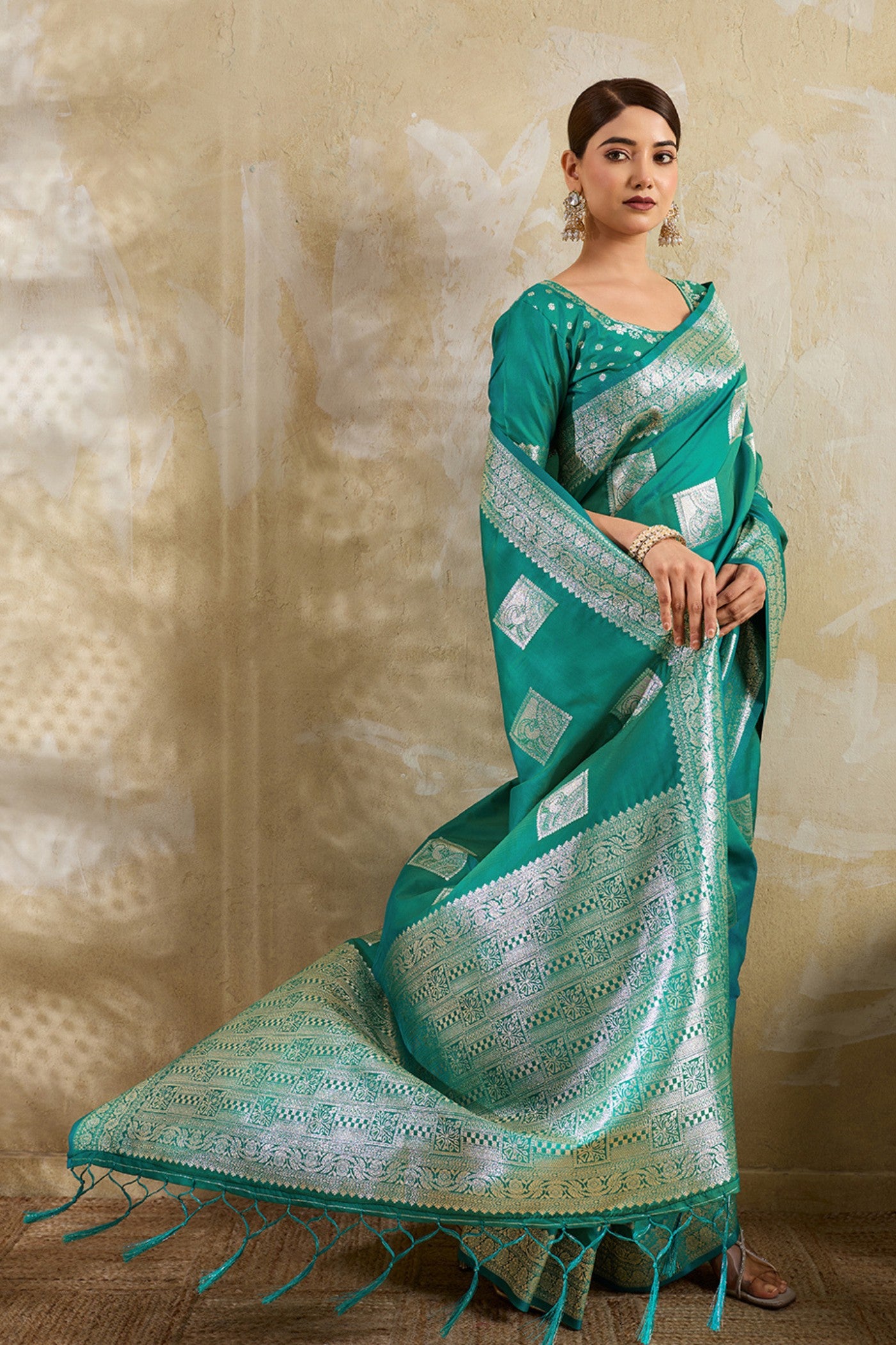 Buy MySilkLove Myrtle Green Woven Banarasi Soft Silk Saree Online