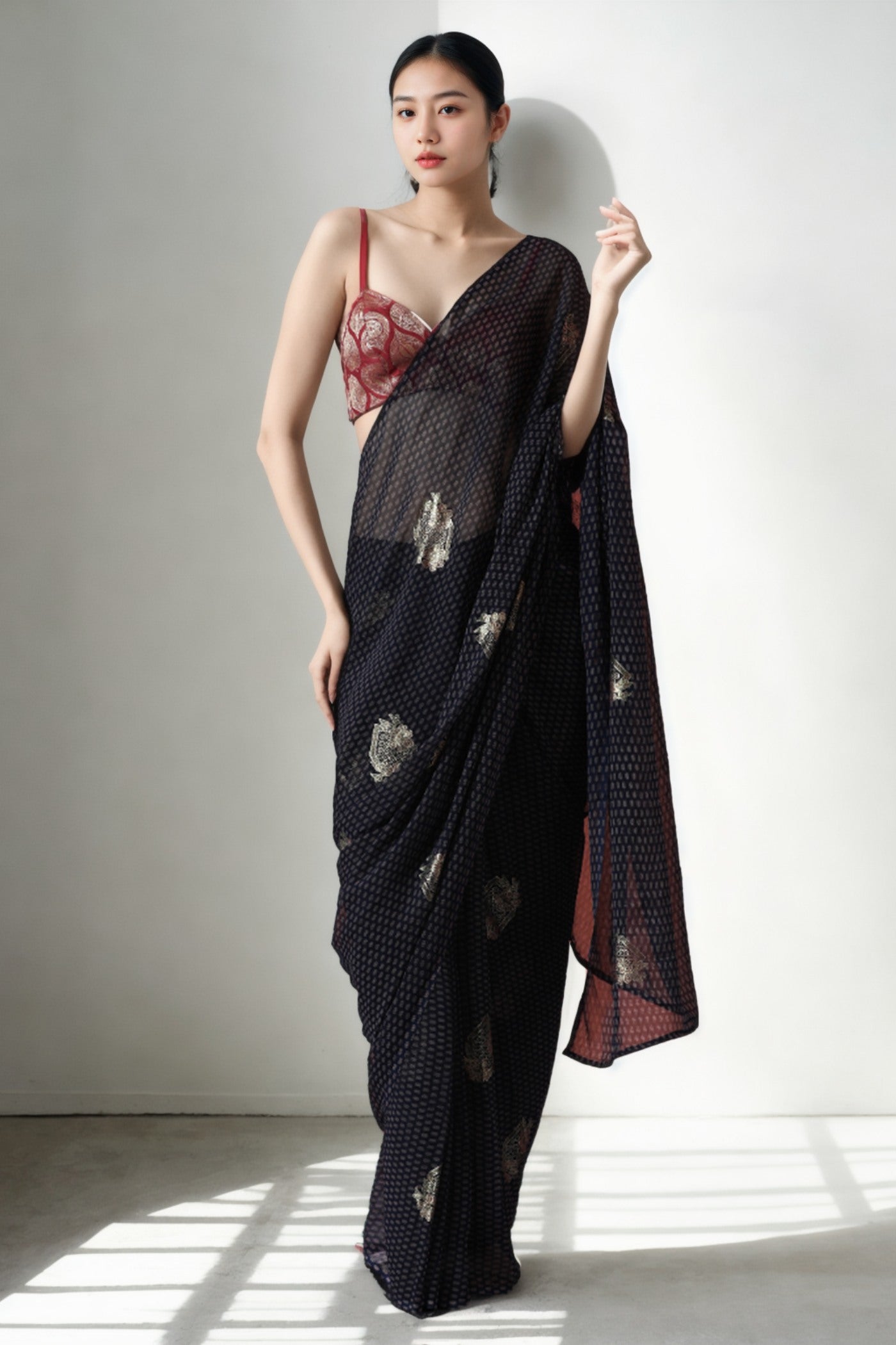 Buy MySilkLove Tuna Black Marbel Chiffon Ready To Wear Saree Online