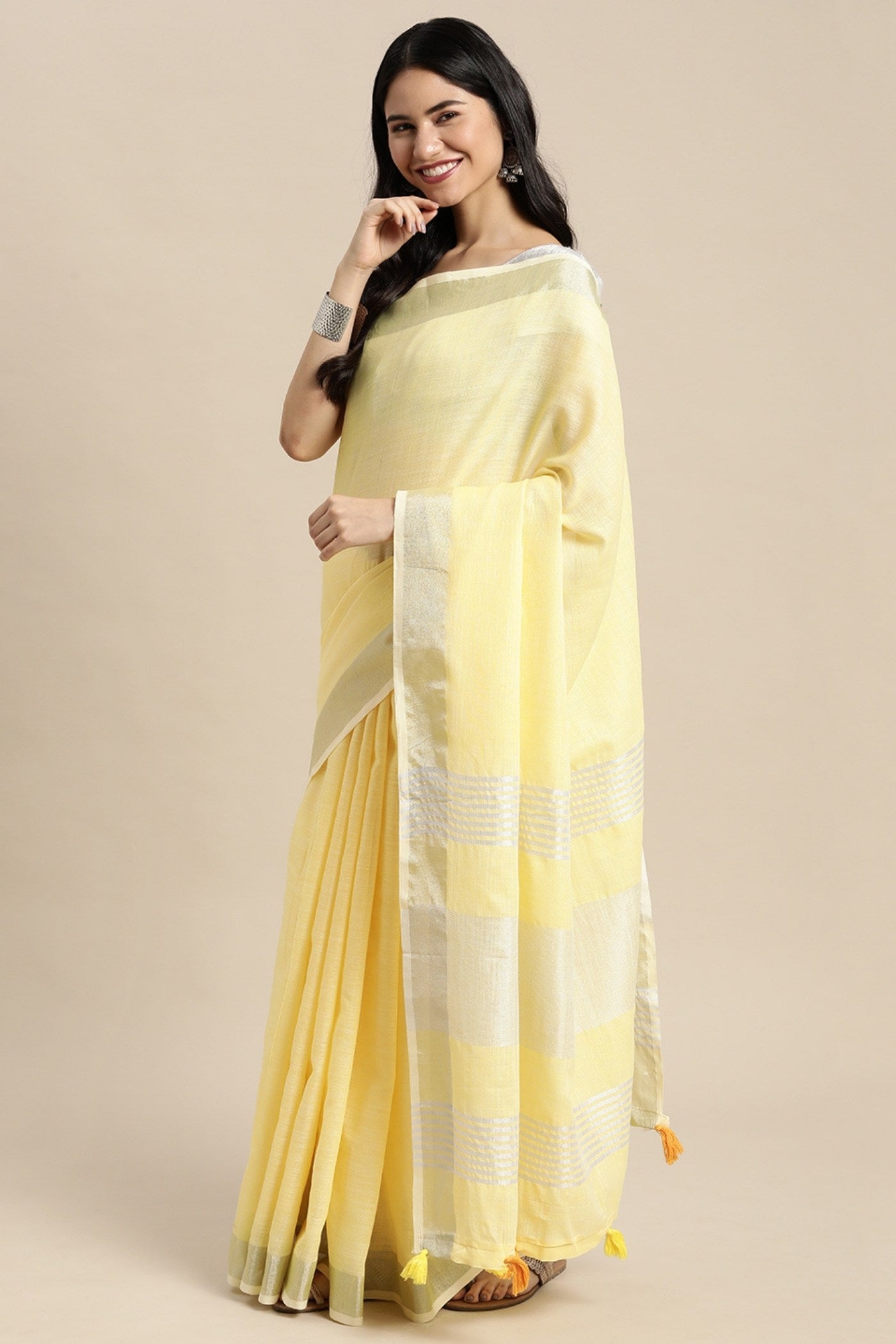 Buy MySilkLove Pastel Yellow Woven Linen Cotton Saree Online