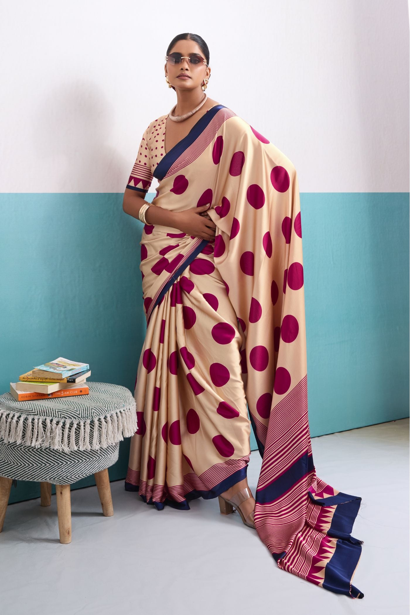 Buy MySilkLove Grace Cream and Pink Polka Dots Satin Crepe Saree Online