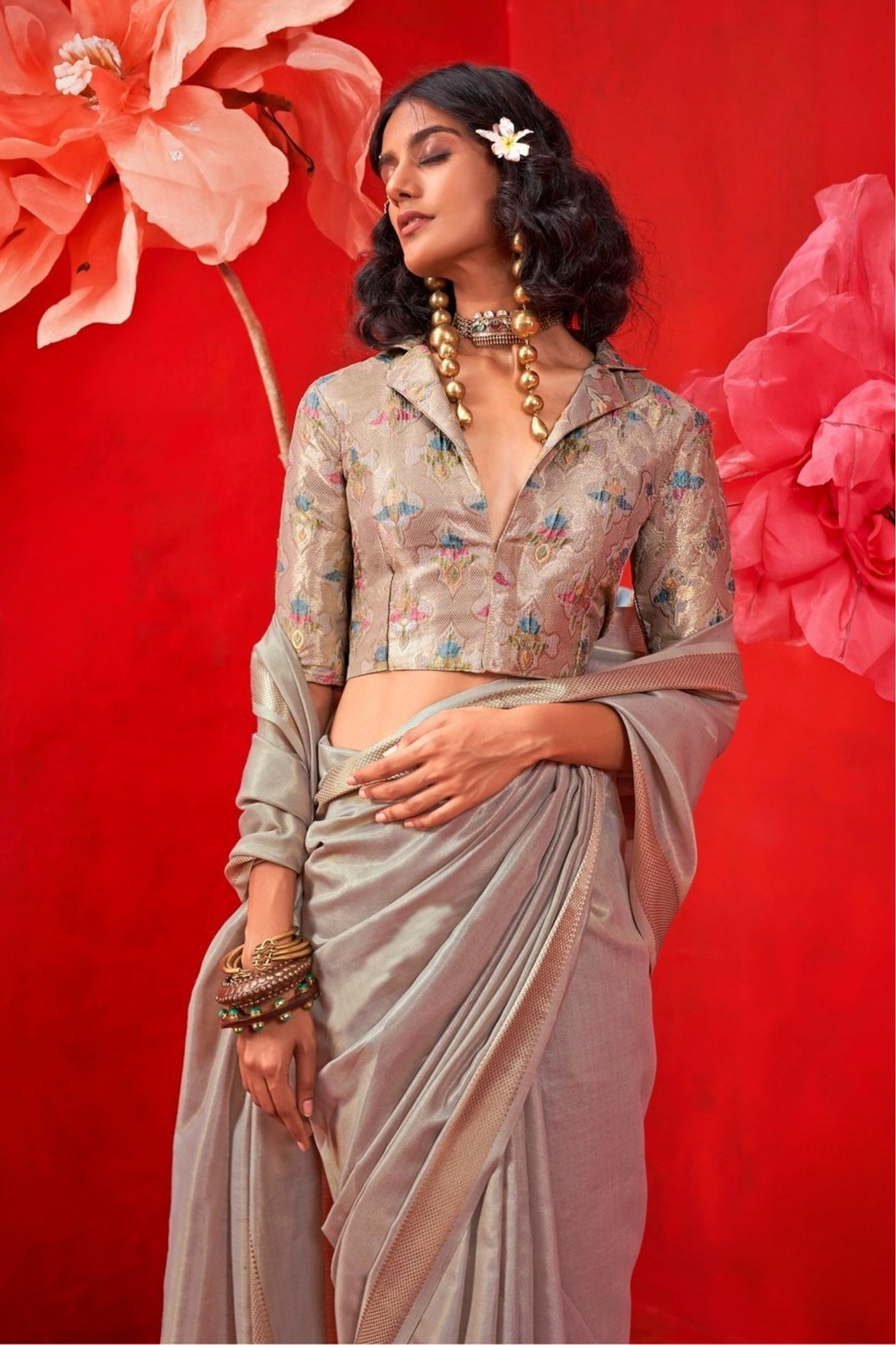 Buy MySilkLove Stone Grey Tissue Handloom Saree Online