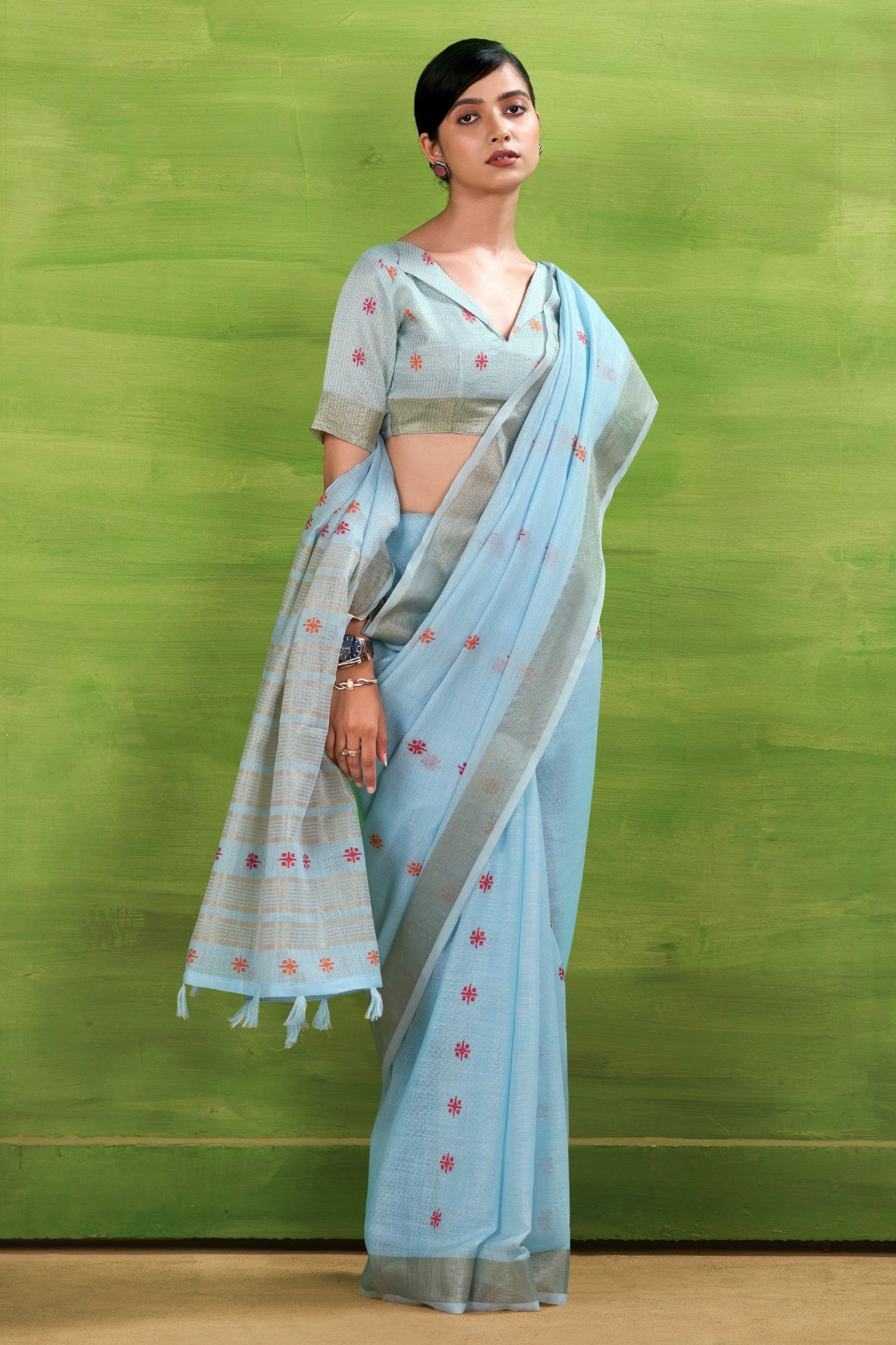 Buy MySilkLove Turquoise Blue Woven Linen Saree Online
