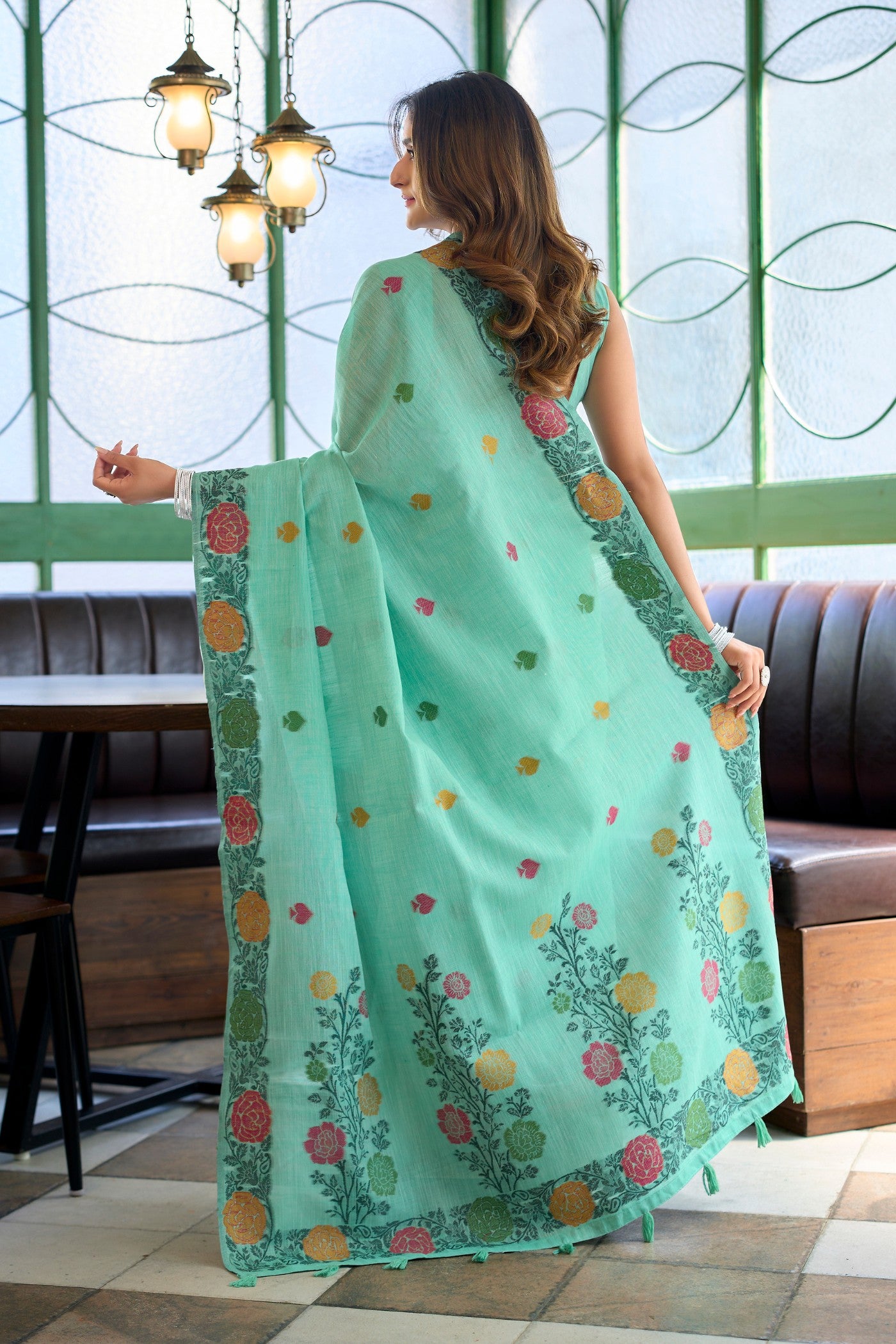 Buy MySilkLove Spring Green Floral Handloom Linen Saree Online