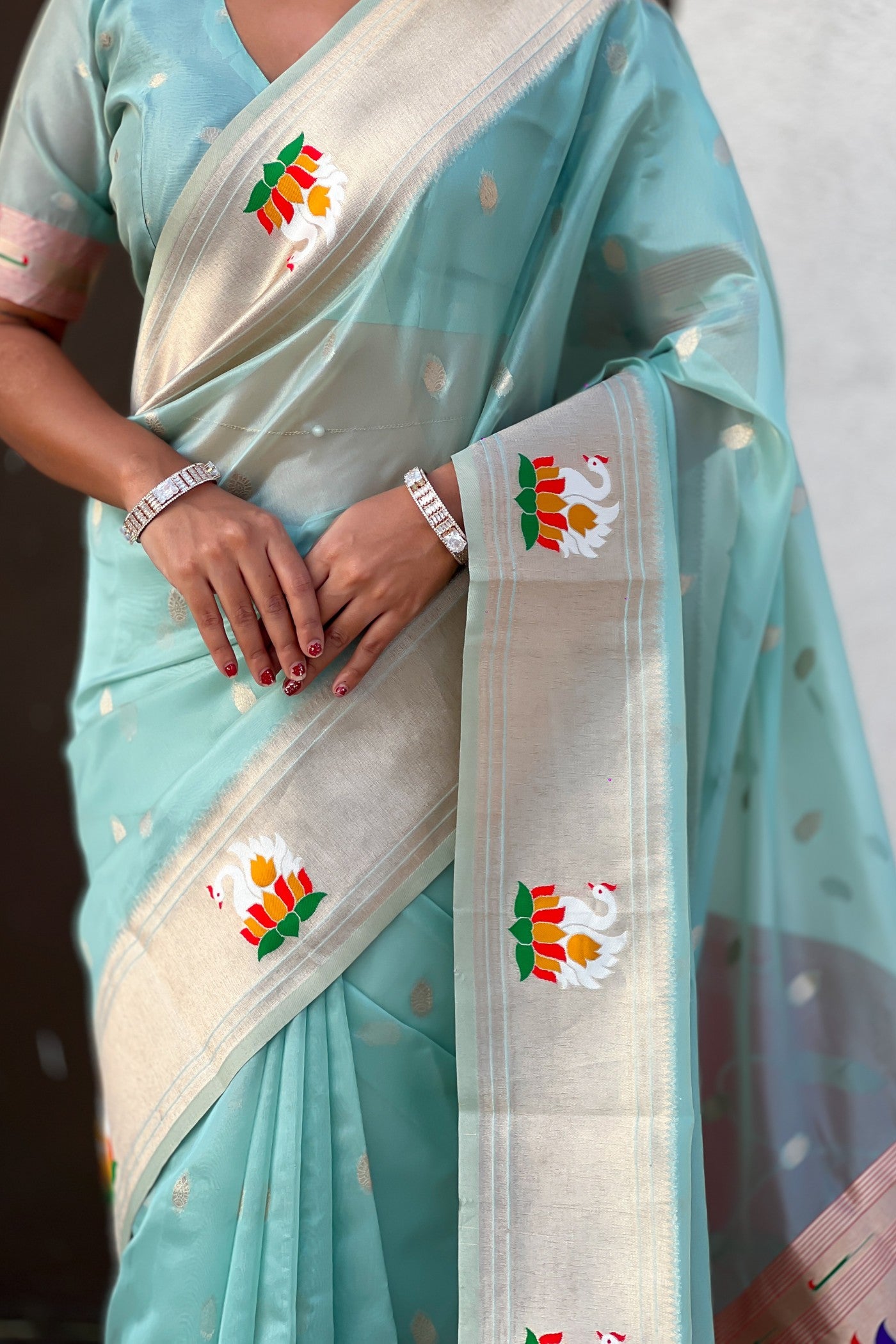 Buy MySilkLove Prussian Blue Organza Woven Paithani Saree Online