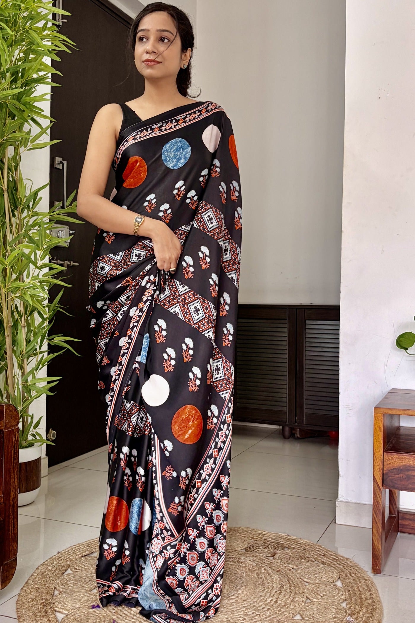 Buy MySilkLove Anthracite Black Printed Polka Dots Satin Crepe Saree Online