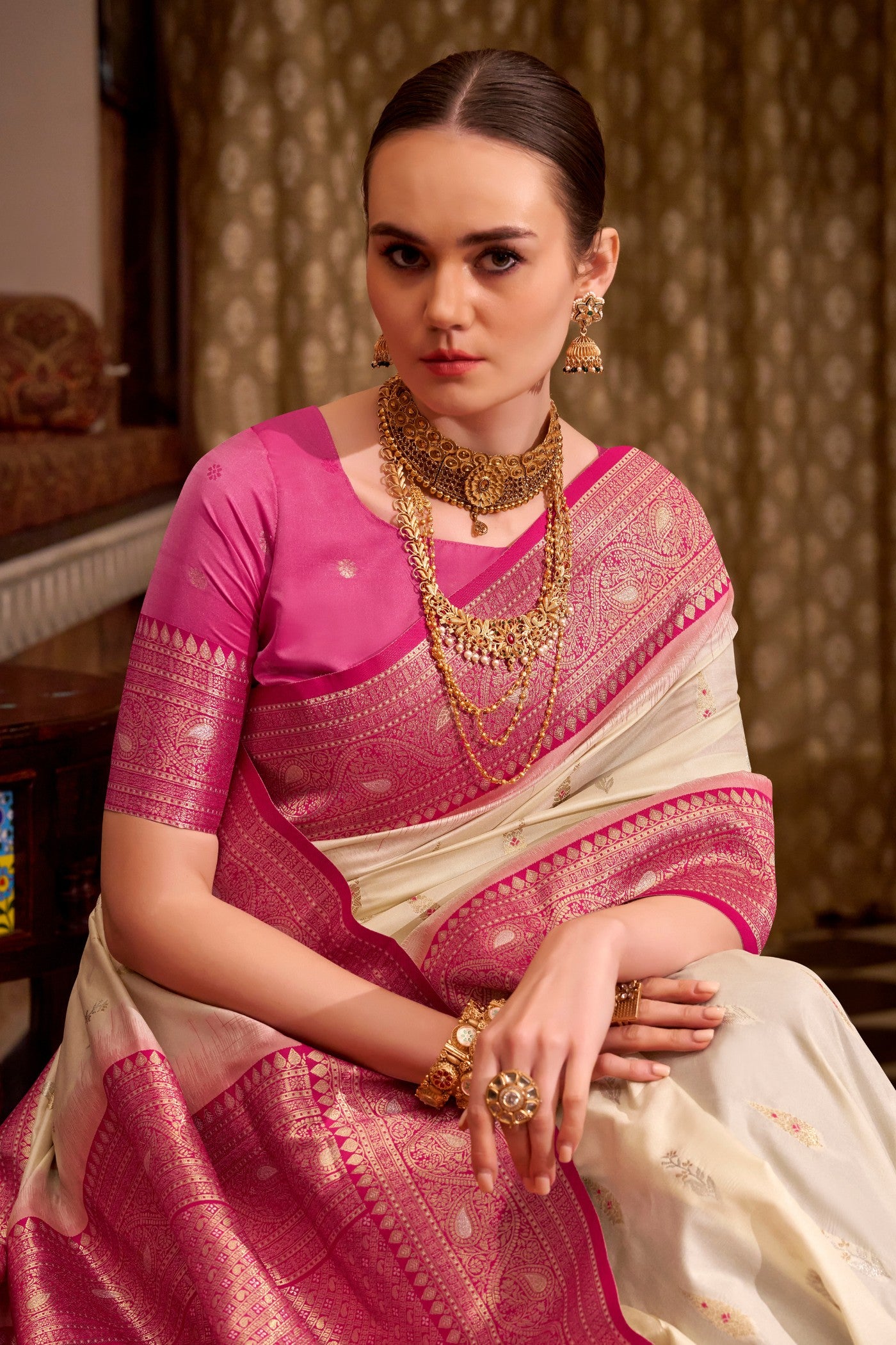 Buy MySilkLove Ivory Cream Woven Banarsi Saree Online
