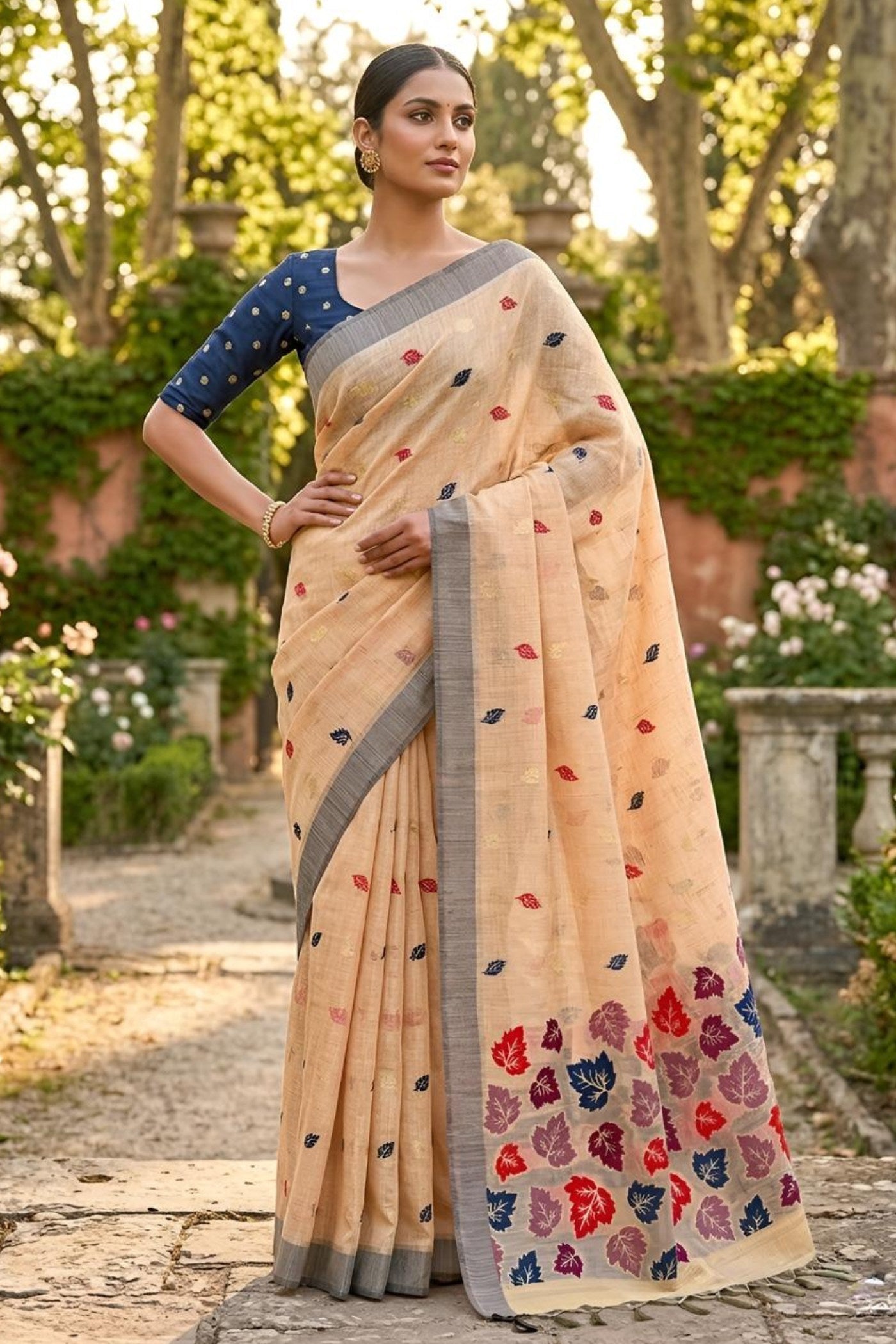 Buy MySilkLove Mandarin Orange Woven Linen Saree Online