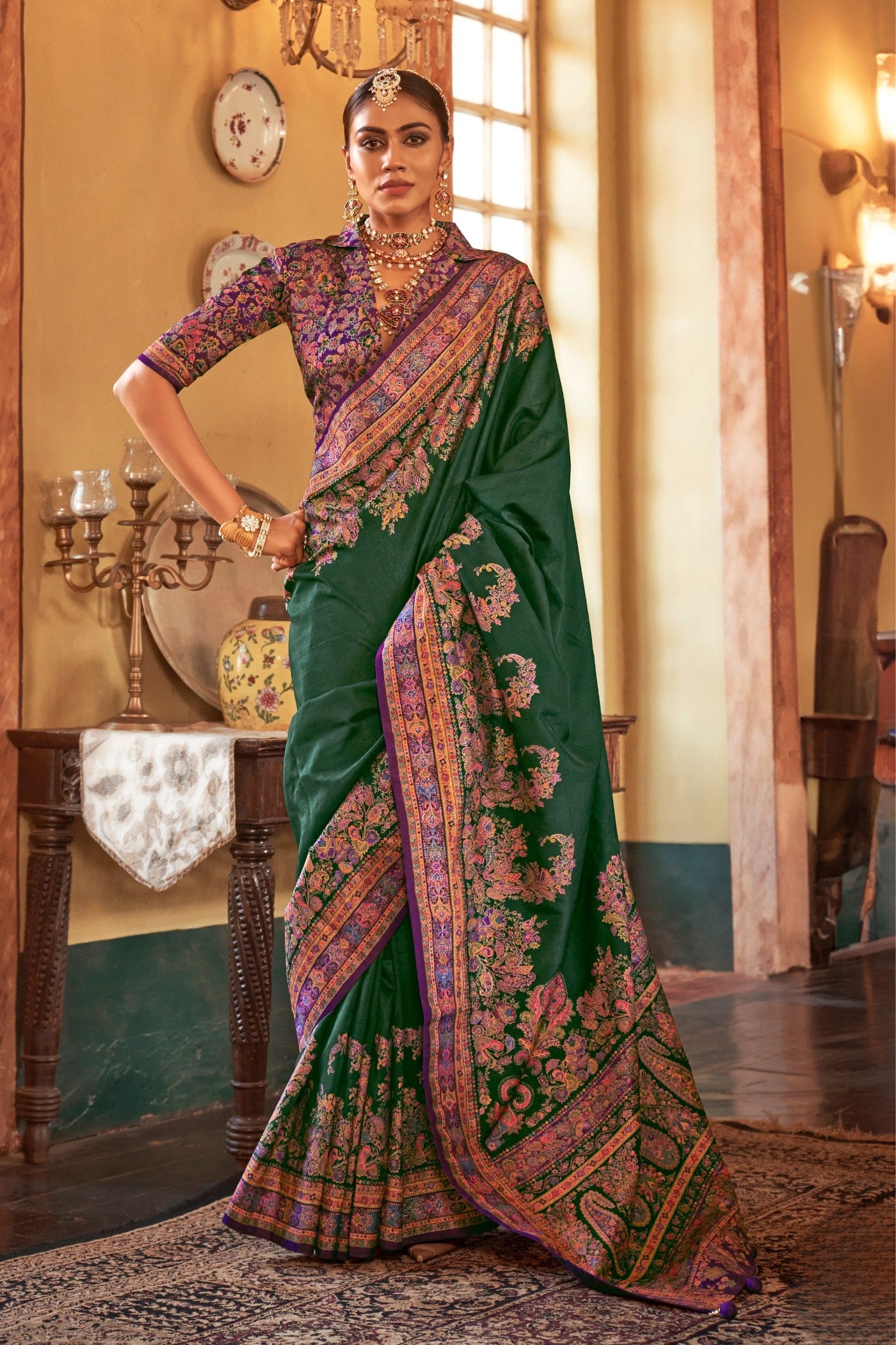 Buy MySilkLove Dianne Green Printed Banarasi Saree Online