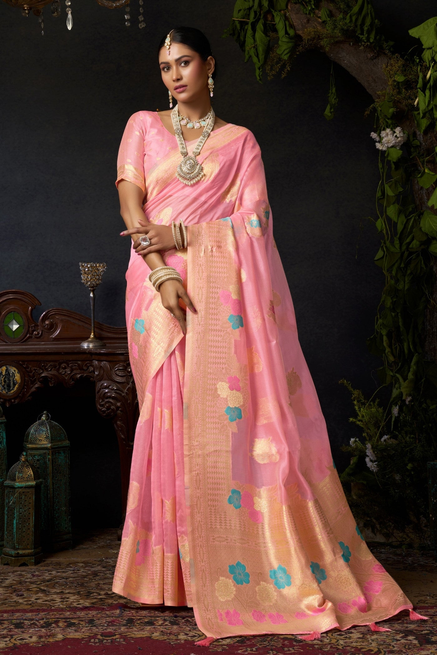 Buy MySilkLove Cupid Pink Woven Banarasi Organza Saree Online