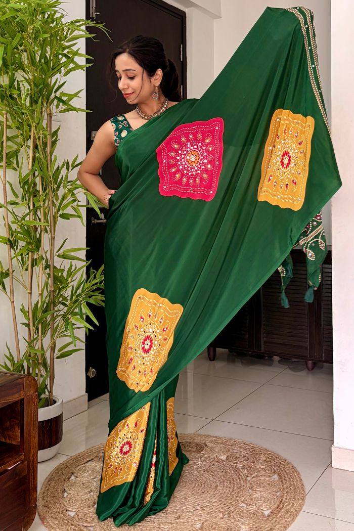 Buy MySilkLove Leaf Green Ajrakh Satin Printed Mirror Work Saree Online