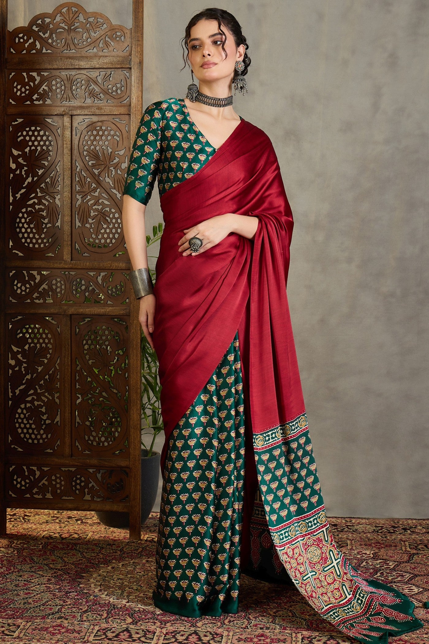 Buy MySilkLove Fire Red and Green Ajrakh Printed Satin Crepe Silk Saree Online