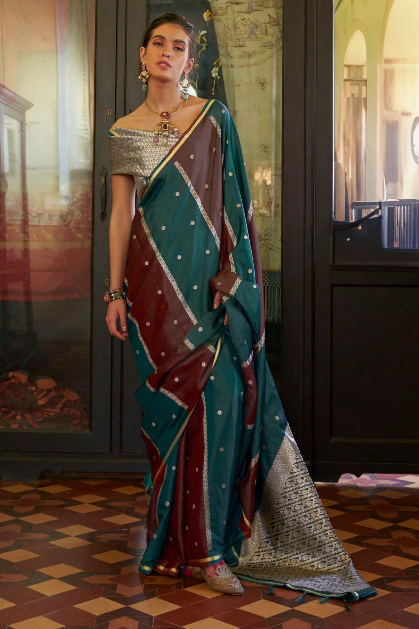 Buy MySilkLove Moss Green and Purple Handloom Rangkat Banarasi Satin Silk Saree Online