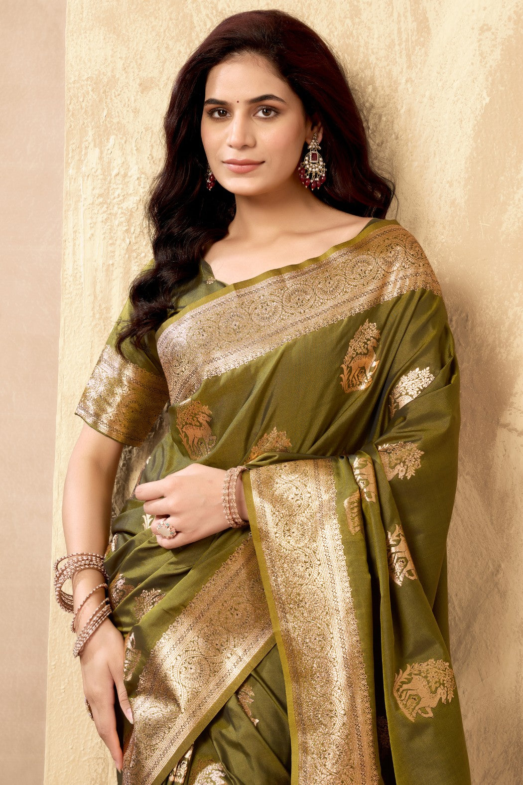 MySilkLove olive Green Woven Banarasi Soft Silk Saree