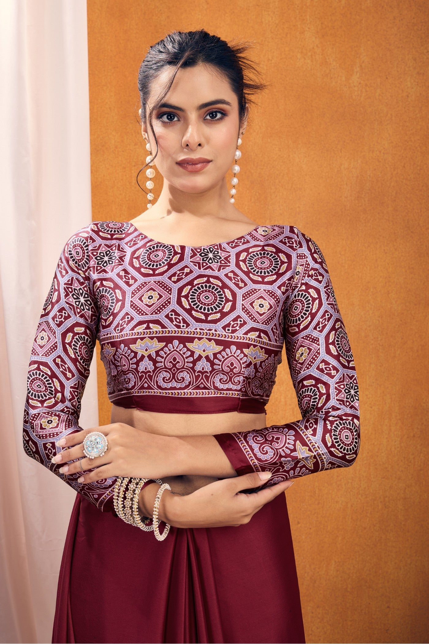 Buy MySilkLove Brick Maroon Ajrakh Printed Satin Crepe Silk Saree Online