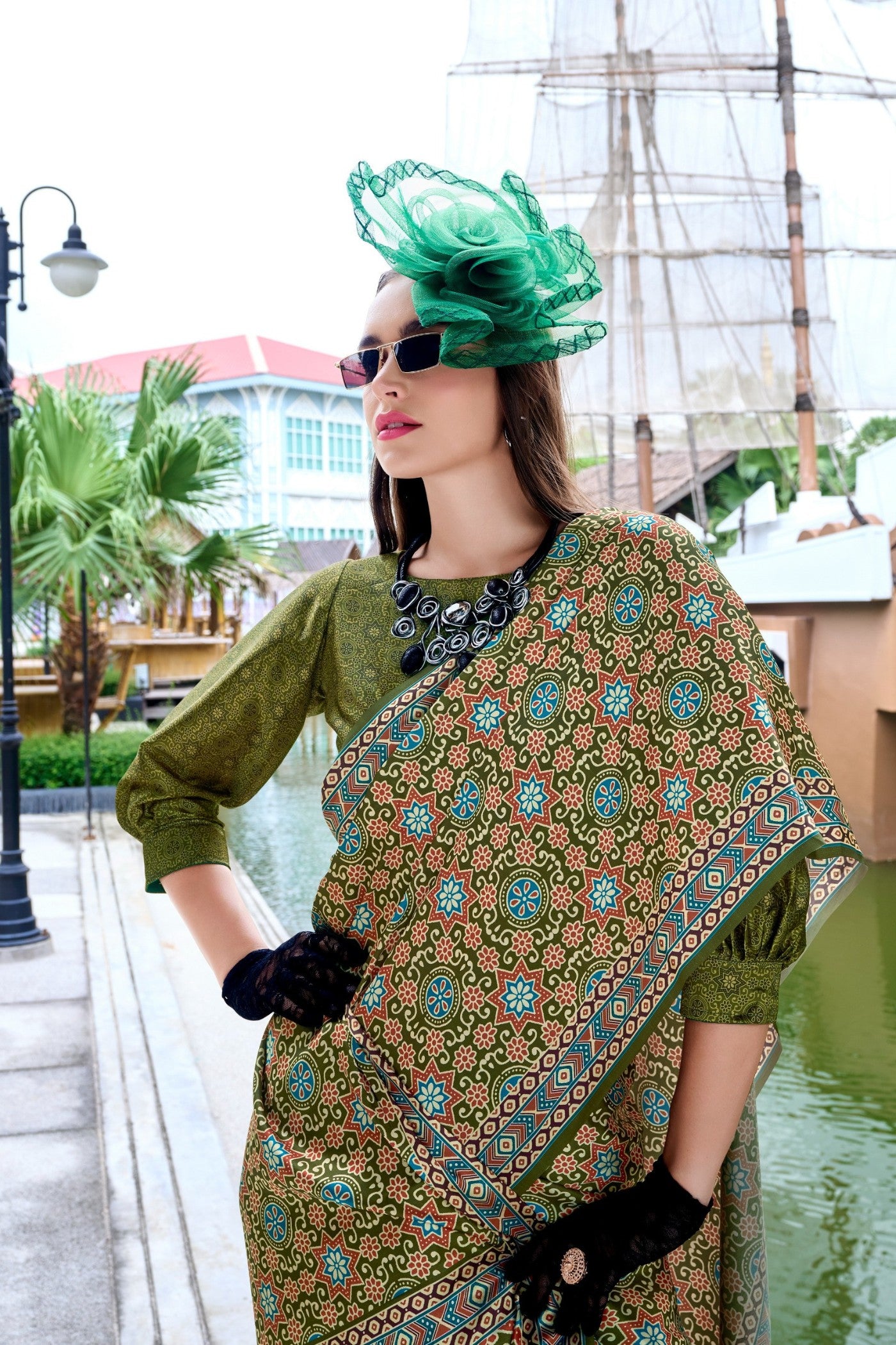 Buy MySilkLove Army Green Ajrakh Printed Satin Crepe Silk Saree Online