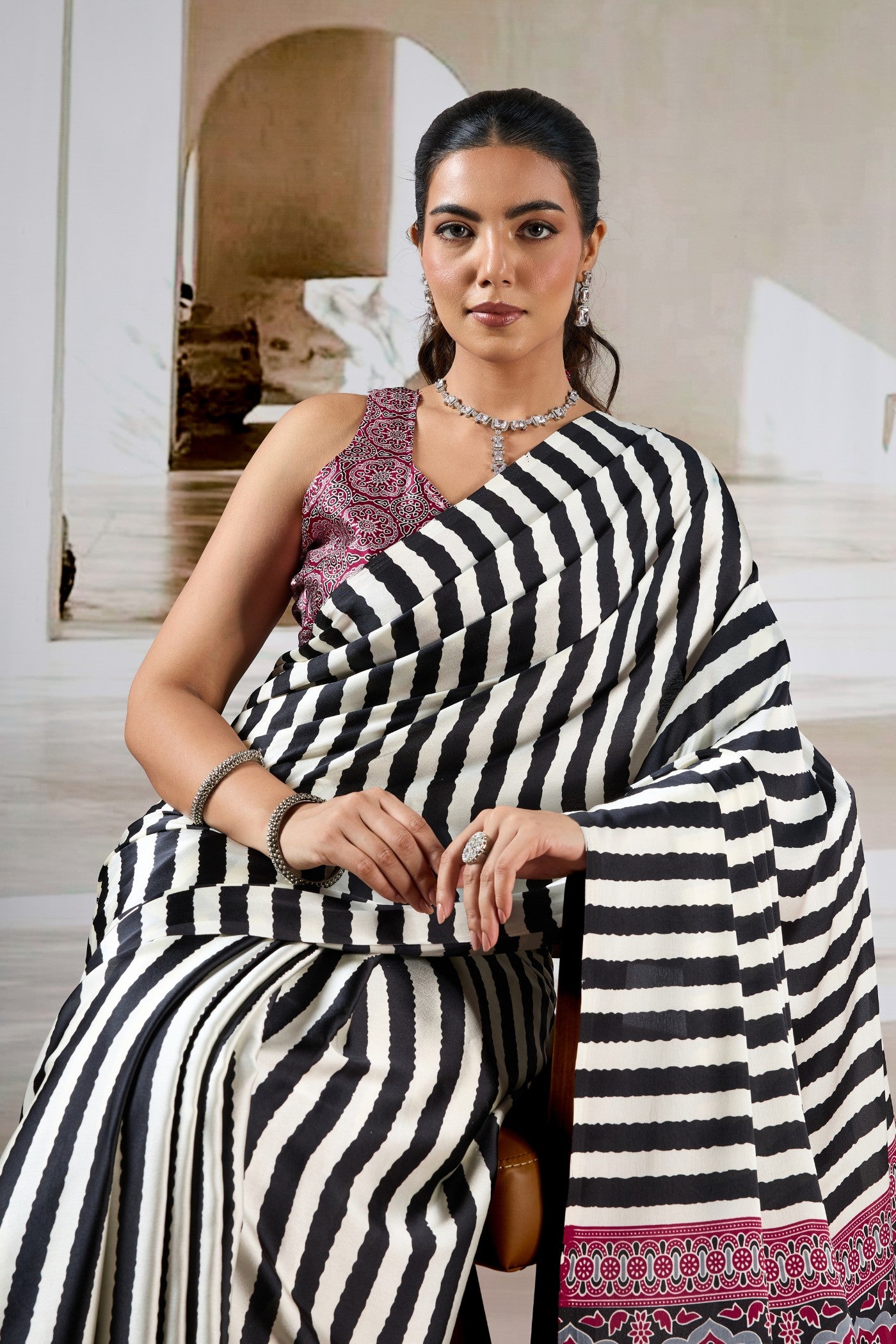 Buy MySilkLove Noir Black Stripe Ajrakh Printed Satin Crepe Silk Saree Online