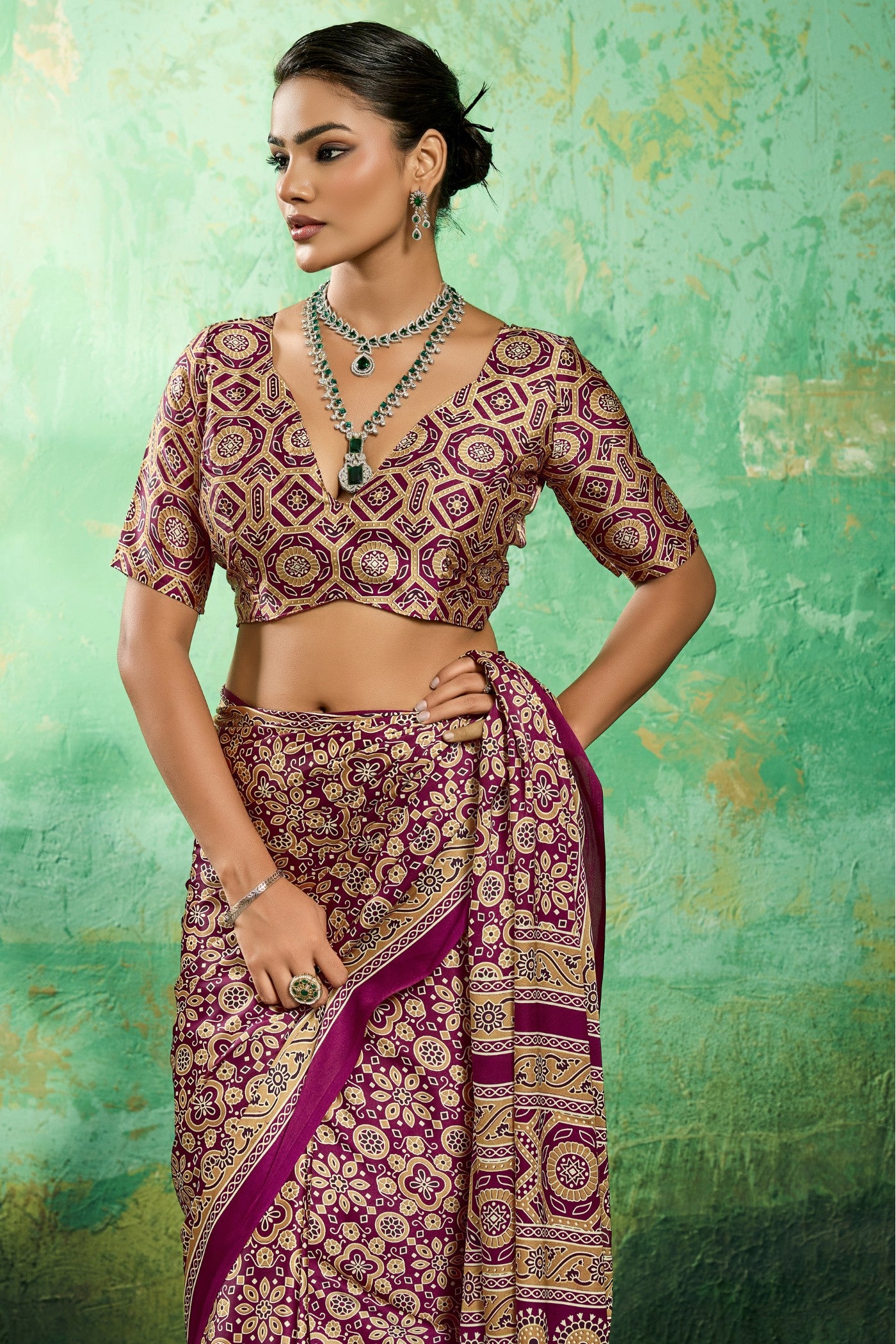 Buy MySilkLove Royal Garnet Purple Modal Ajrakh Satin Printed Silk Saree Online