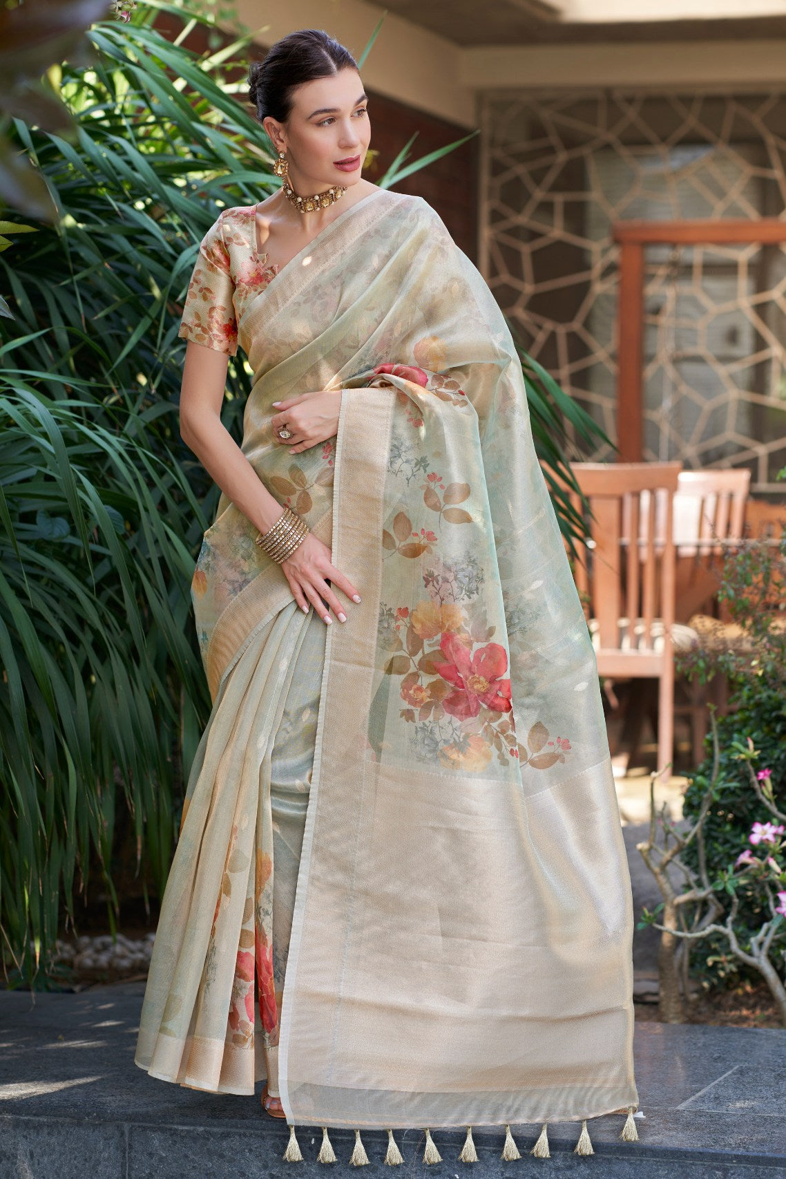 Buy Cotton Seed Green Digital Printed Organza Saree Online MySilkLove