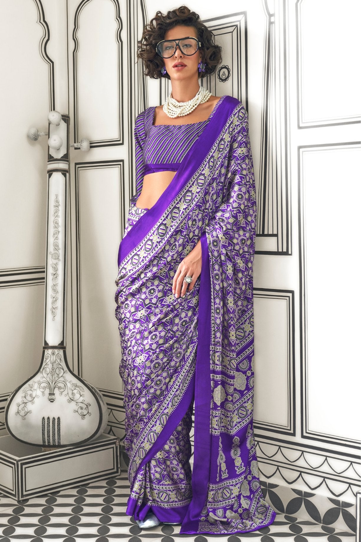 Buy MySilkLove Cyber Grape Purple Printed Ajrakh Satin Crepe Saree Online