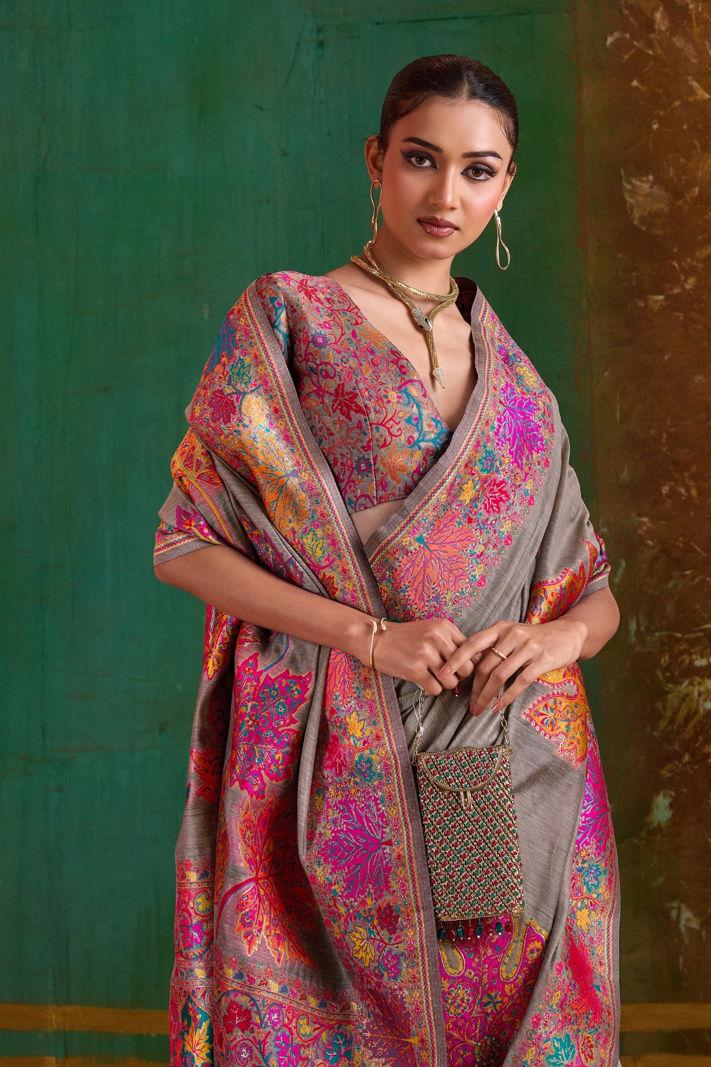 Buy MySilkLove French Grey Kashmiri Handloom Jamewar Saree Online