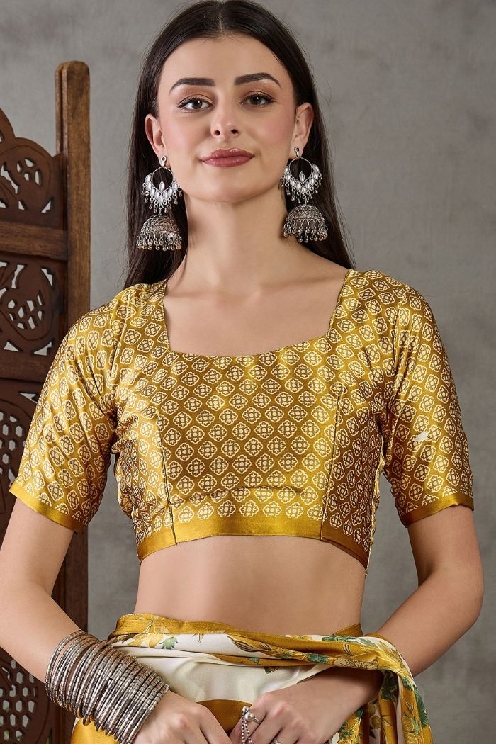 Buy MySilkLove Tulip Yellow Stripe Printed Floral Satin Gaji Silk Saree Online