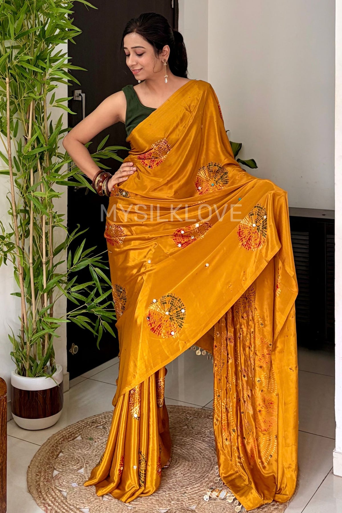 MySilkLove Antique Yellow Satin Printed Bandhani Mirror Work Saree
