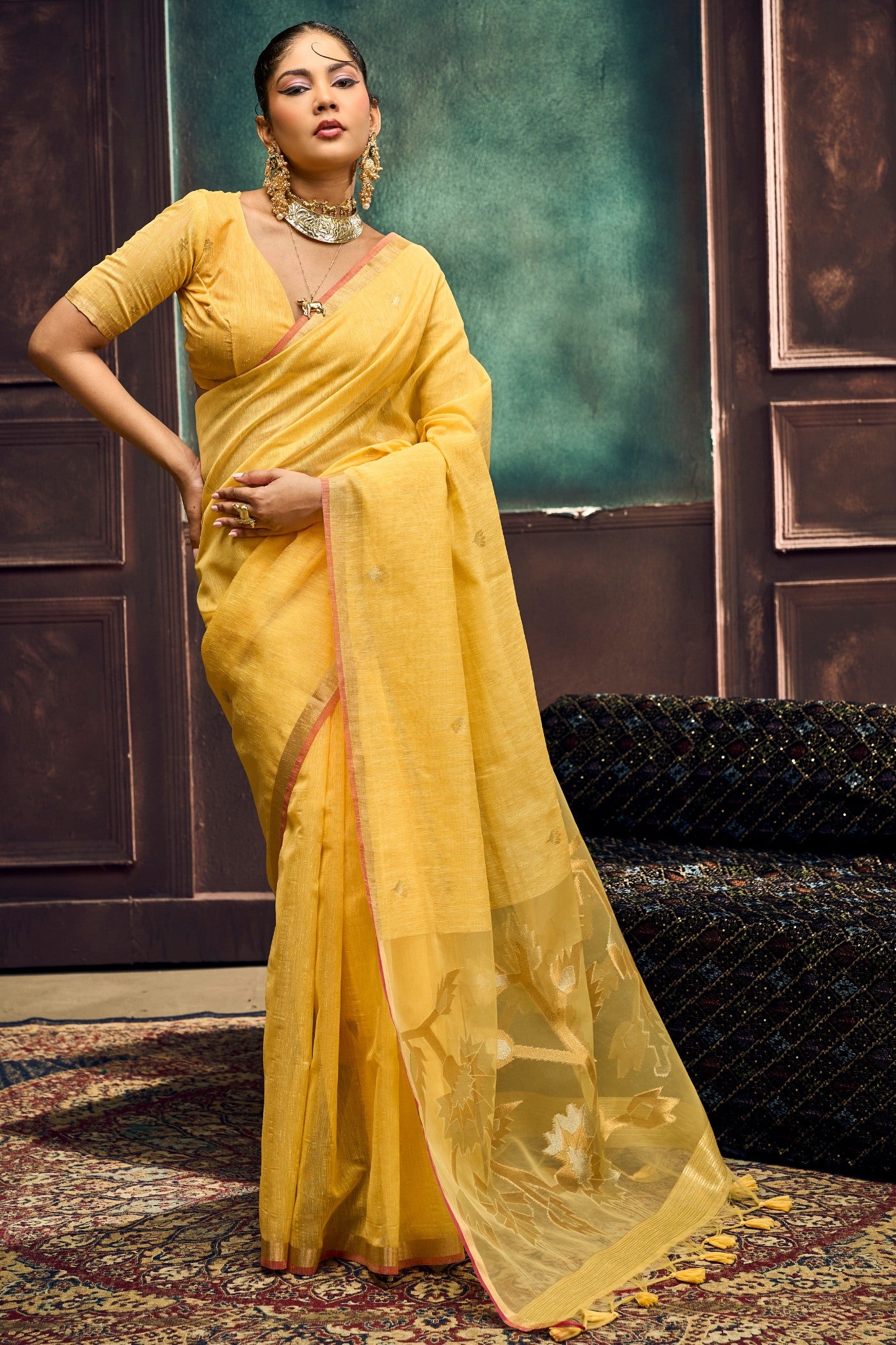 Buy MySilkLove Turmeric Yellow Munga Handloom Cotton Saree Online