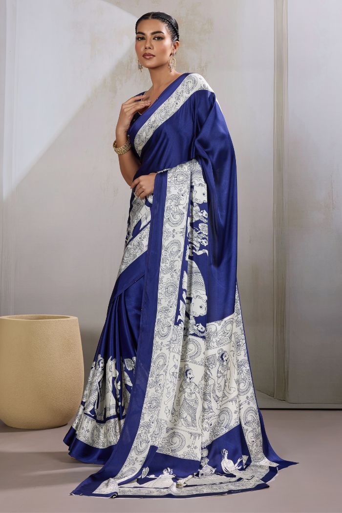Buy MySilkLove Royal Blue Modal Ajrakh Printed Satin Silk Saree Online