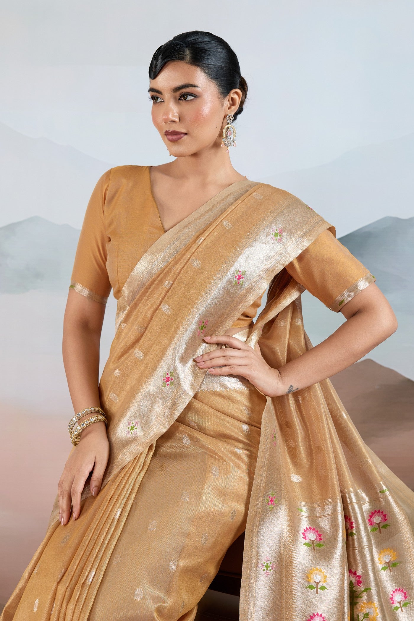 Buy MySilkLove Citrus Orange Zari Woven Tissue Paithani Saree Online